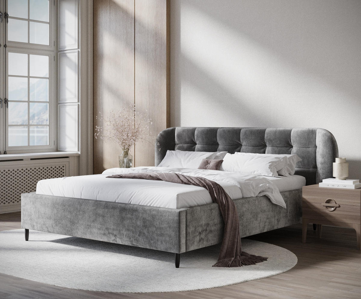 POLSTERBETT Nuno Grau 160/200 cm im Chenille-Stoff - Schwarz/Naturfarben, Holz/Holzwerkstoff (160/200cm) - Maison de Reve