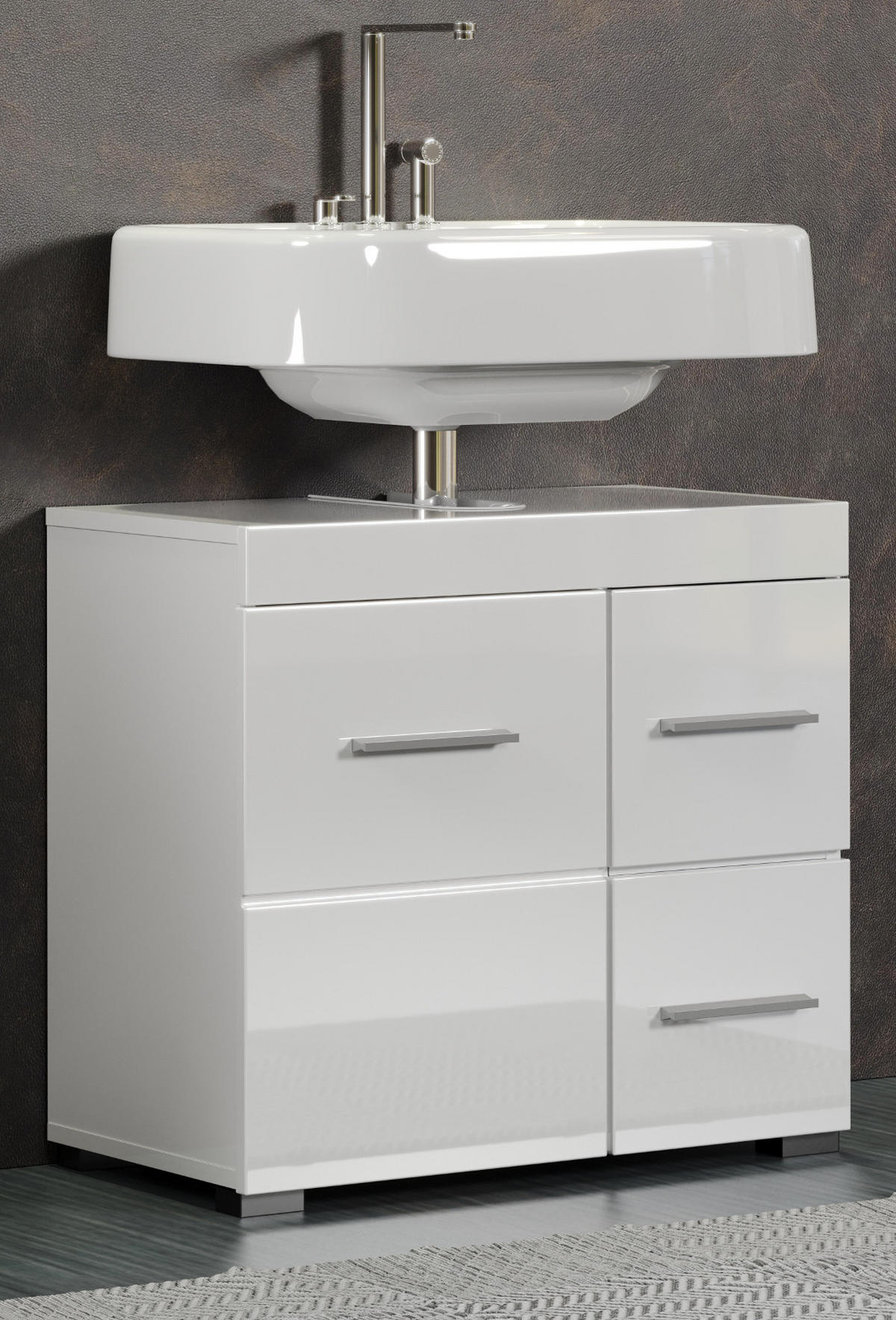 WASCHBECKENUNTERSCHRANK weiß Hochglanz 60 cm, Badschrank mit viel Stauraum - Weiß Hochglanz/Alufarben, Holzwerkstoff/Kunststoff (60/56/34cm) - Top.Furn