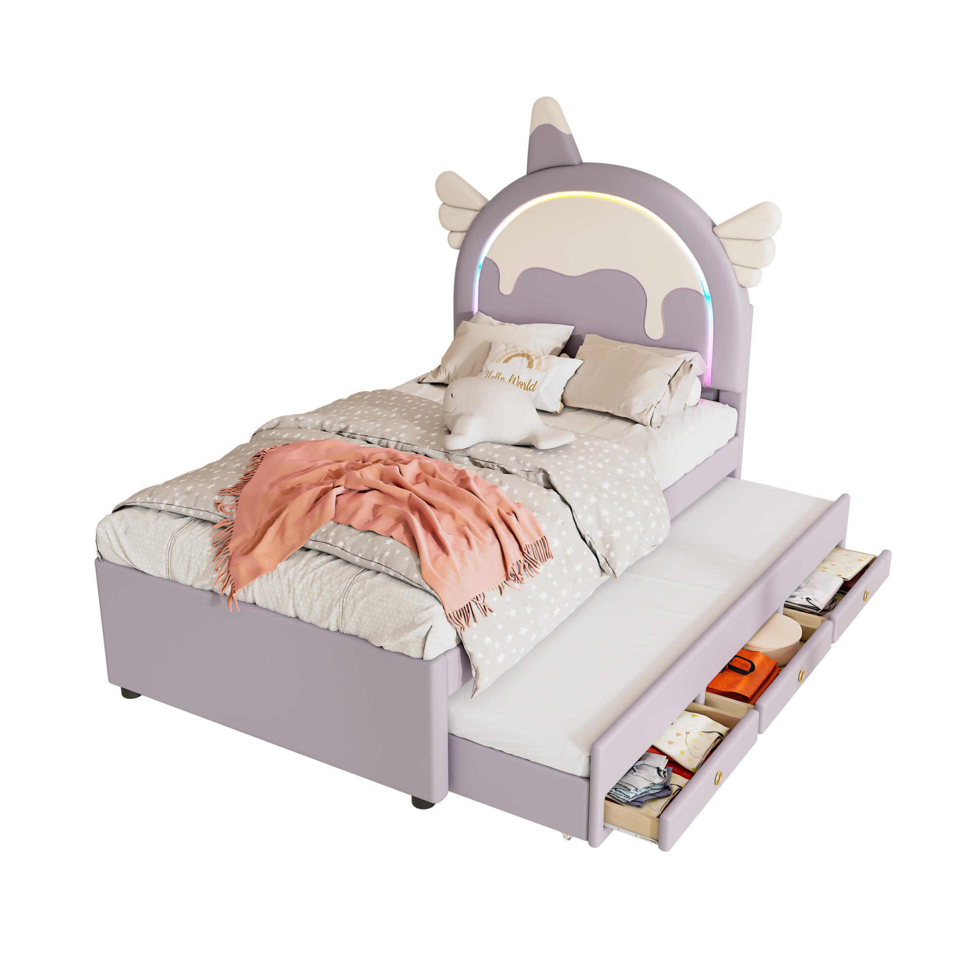 KINDERBETT 90/200 cm aus PU und MDF mit Einhorn-Kopfteil und ausziehbarem Rollbett Violett - Violett, Kunststoff (90/200cm) - Modenvie