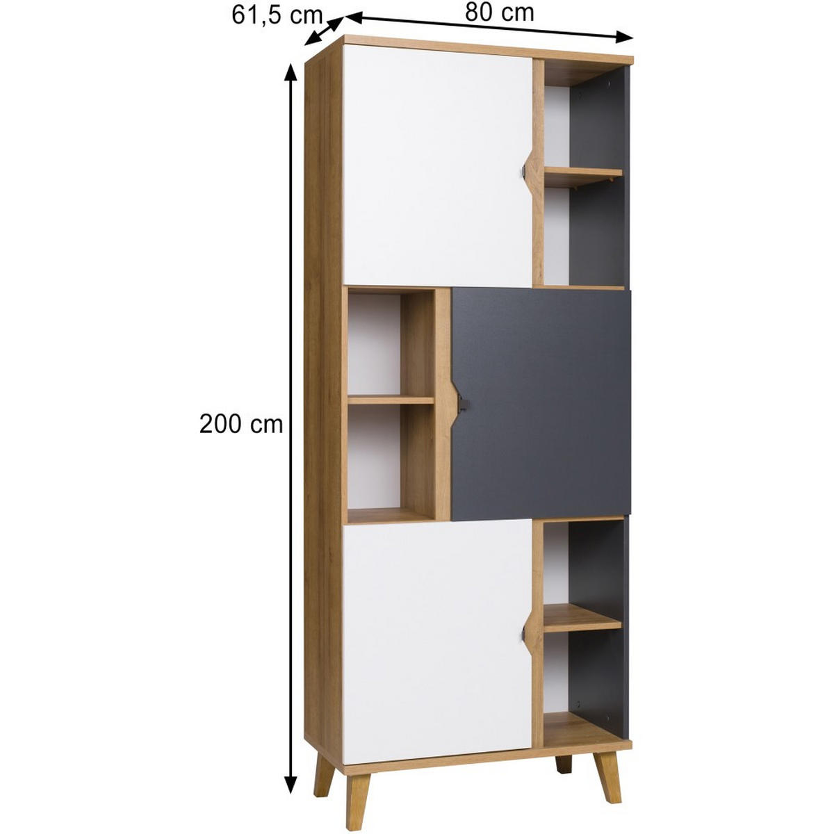 BÜCHERREGAL Moreno mit 3 Türen und 6 Einlegeböden, Eiche gold/mattweiß/graphit - Eichefarben/Graphitfarben, Holzwerkstoff/Kunststoff (80/200/61.5cm) - Beautysofa