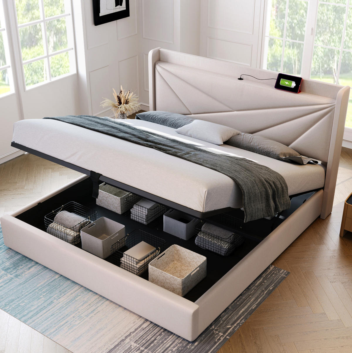 BETT mit Bettkasten und USB 140x200 cm Beige mit Matratze - Beige, Metall (140/200cm) - Meubliv