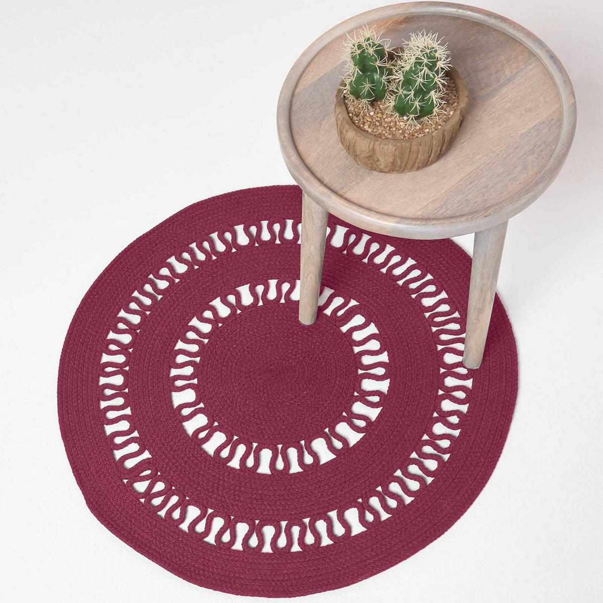 TEPPICH geflochten rund mit Häkel-Muster 70 cm - Weinrot, Textil (70/70cm) - Homescapes
