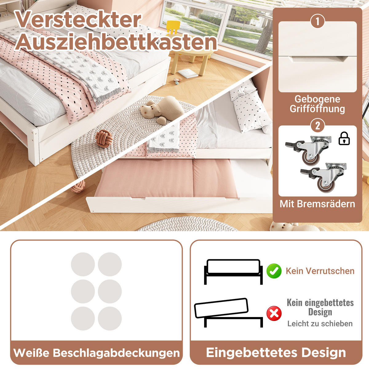 POLSTERBETT 90/200 cm mit Ausziehbett, Stauraum-Rückwand, USB- und USB-C-Anschluss, Holz, Weiß - Weiß, Textil (90/200cm) - Redom