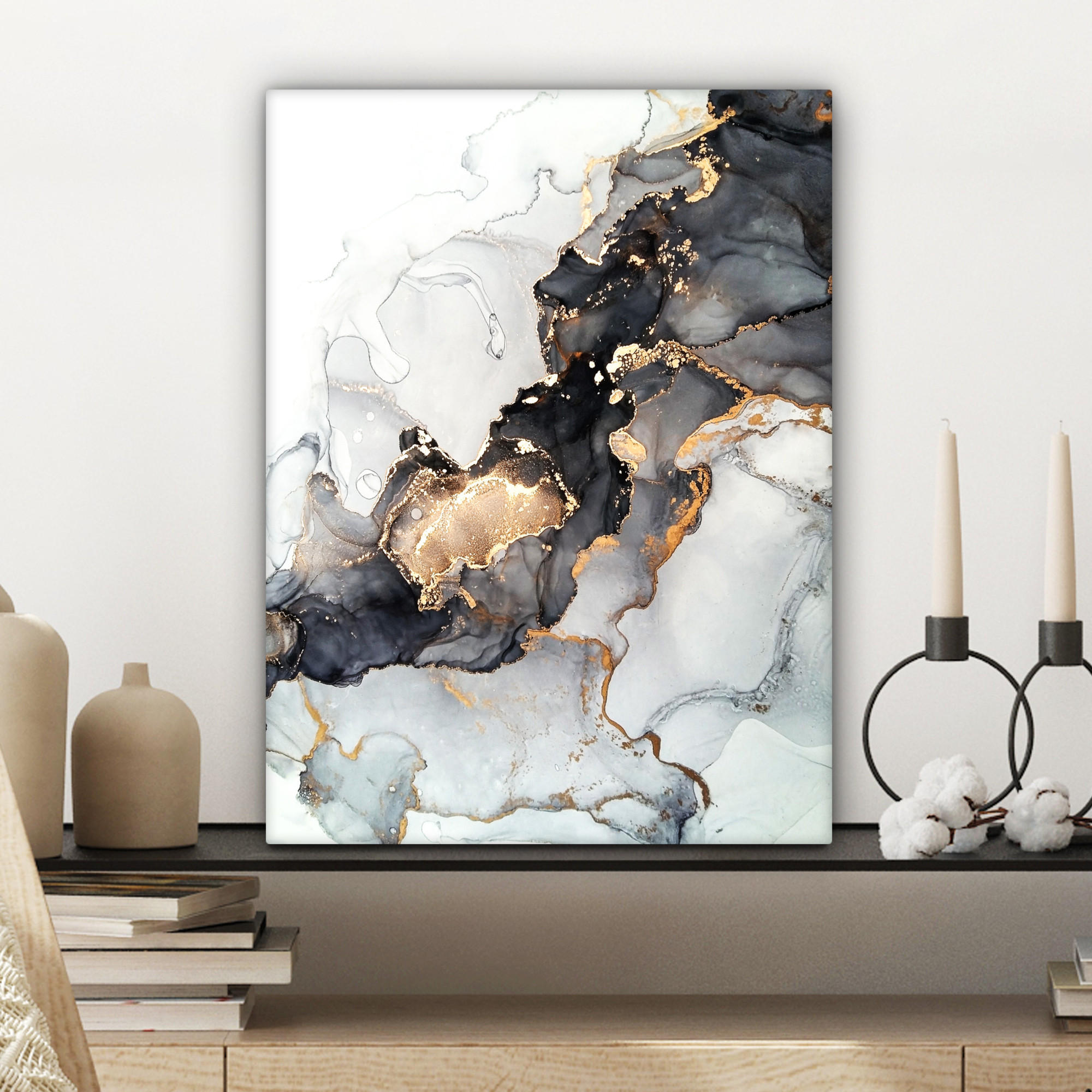 LEINWANDBILD Marmor - Schwarz - Weiß - Gold - Luxus - Abstrakt 30x40 cm - Goldfarben, Textil (30/40cm) - MuchoWow