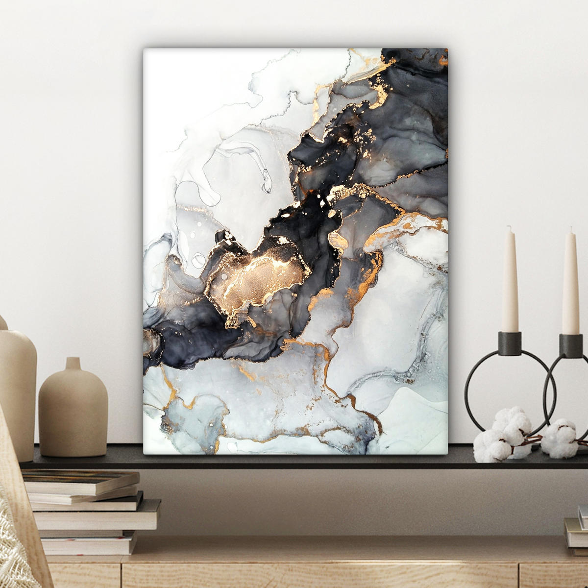 LEINWANDBILD Marmor - Schwarz - Weiß - Gold - Luxus - Abstrakt 30x40 cm - Goldfarben, Textil (30/40cm) - MuchoWow