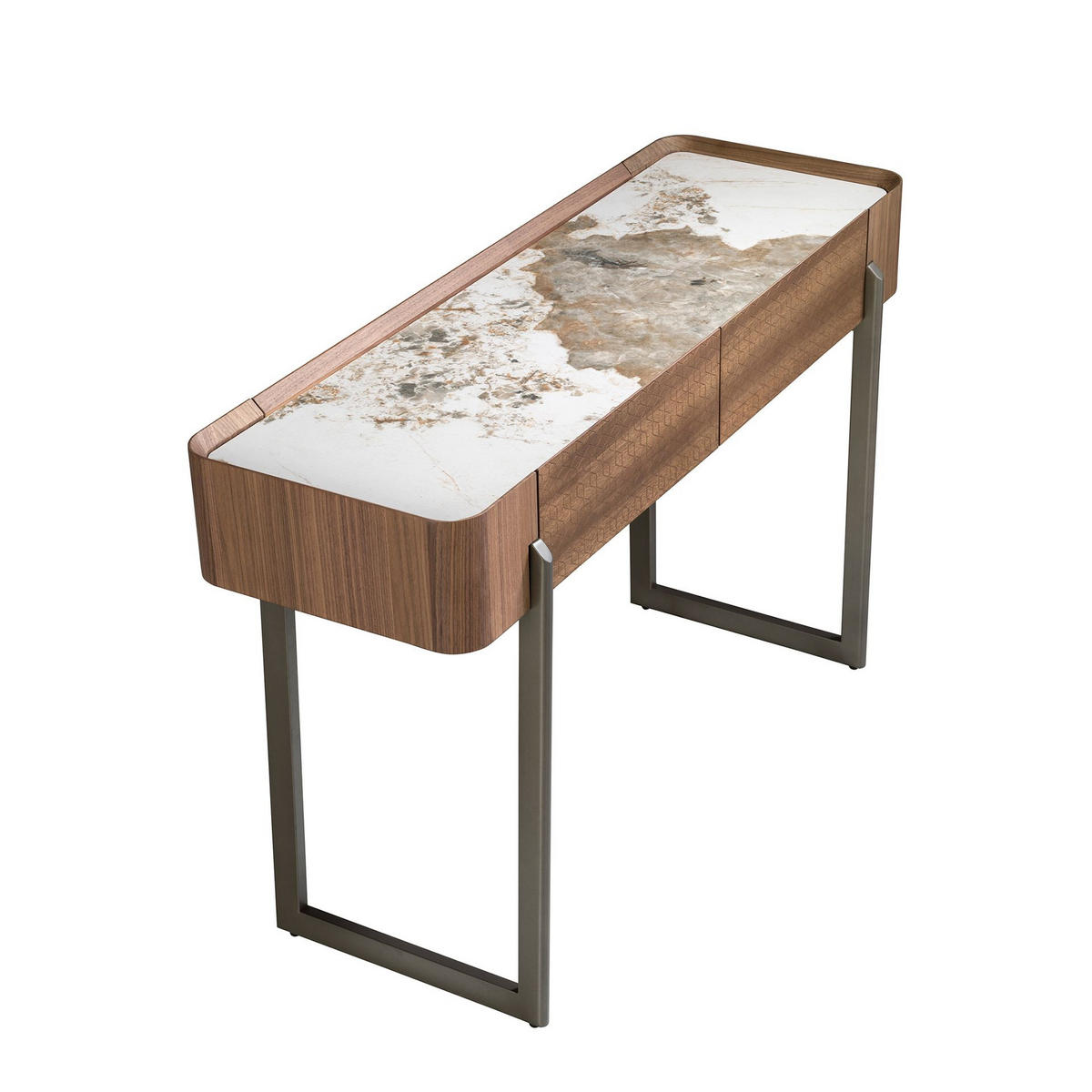 KONSOLENTISCH Rechteckiger Konsolentisch aus Porzellanmarmor, Nussbaum und dunklem Metallic-Stahl 120/40/76 cm - Walnussfarben/Weiß, Holz (120/76/40cm) - ANGEL CERDA