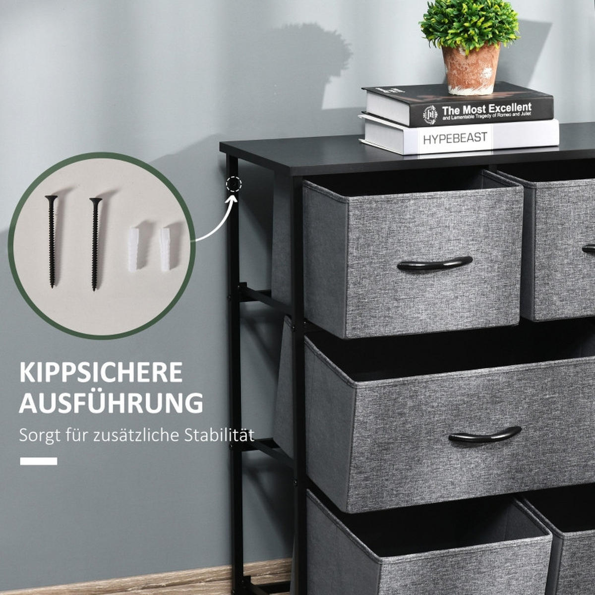KOMMODE mit 8 Schubladen und verstellbaren Einlegeböden, 100 x 30 x 78,5 cm, Dunkelgrau, Polyester - Dunkelgrau, Textil (100/78.5/30cm) - SONNENH
