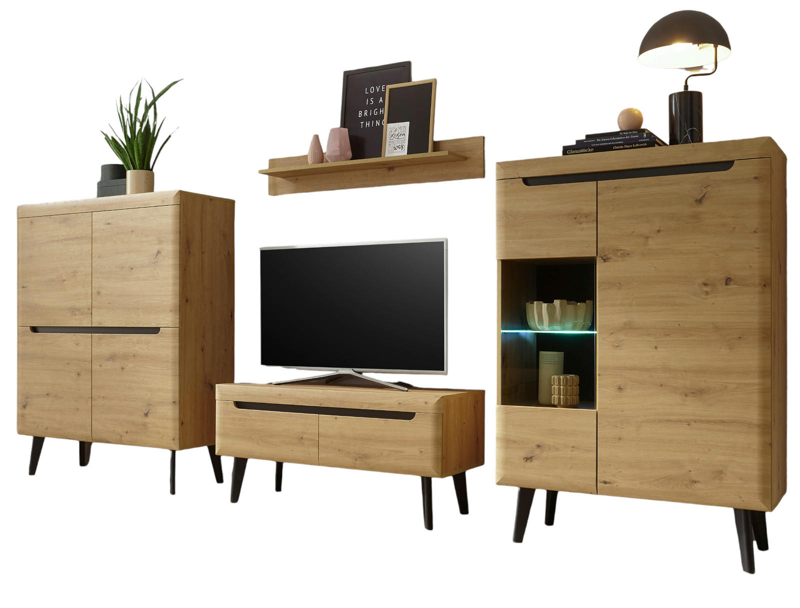 WOHNWAND 4-teilig Eiche Artisan, schwarz 344 cm, Schrankwand skandinavisch - Schwarz/Eiche Artisan, Glas/Holz (344/170/40cm) - Furn.Design