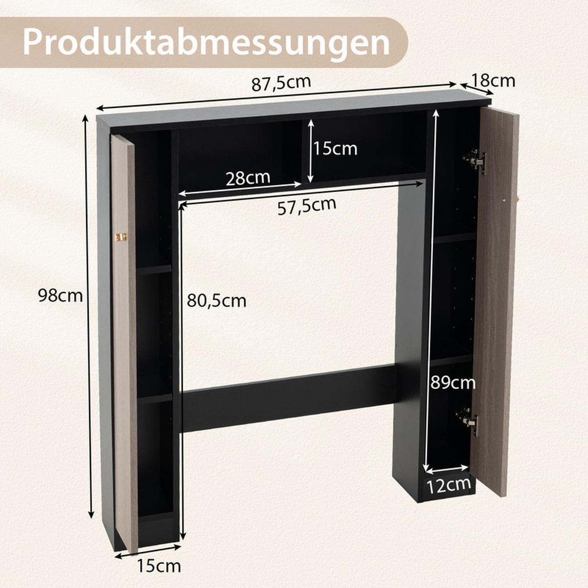 TOILETTENREGAL mit höhenverstellbaren Regalböden schwarz - Schwarz, Holzwerkstoff (87.5/98/18cm) - COSTWAY