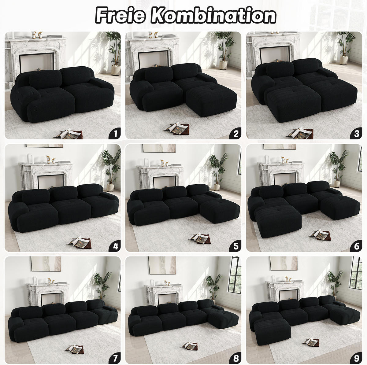 2MÍSTNÁ modulární pohovka černá z manšestru s ergonomickými područkami a protiskluzovou základnou - černá, textil (178/75/208cm) - OKWISH