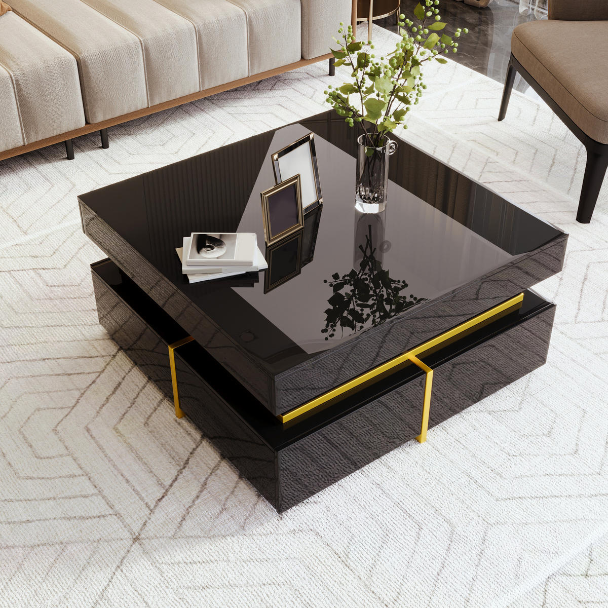 COUCHTISCH mit 2 Schubladen 70 x 70 cm Hochglanz Schwarz - Schwarz, Holzwerkstoff (70/70/35.5cm) - Meubliv