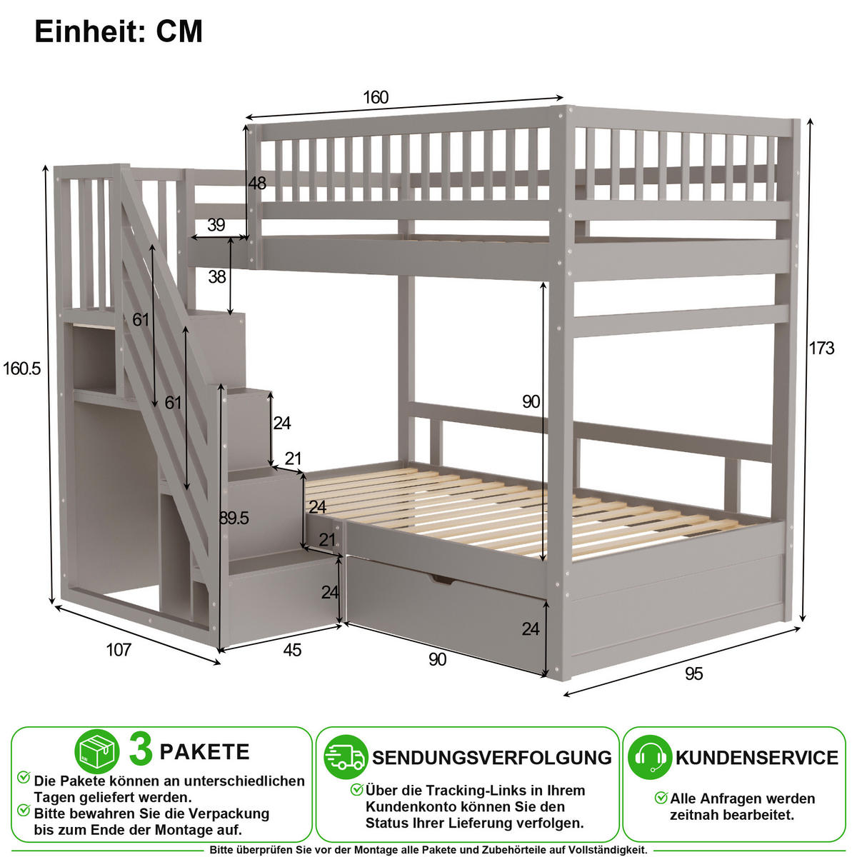 PATROVÁ POSTEL 90/200 cm & 90/200 cm v šedé barvě s úložnými schody a zásuvkami - šedá, dřevo/kompozitní dřevo (90/200cm) - CHICFURN