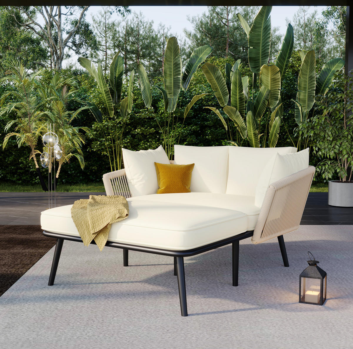 GARTENLIEGE 130/120/67 cm beige aus Stahl und Polyester mit abnehmbaren waschbaren Kissen - Beige, Textil (120/67/130cm) - OKWISH