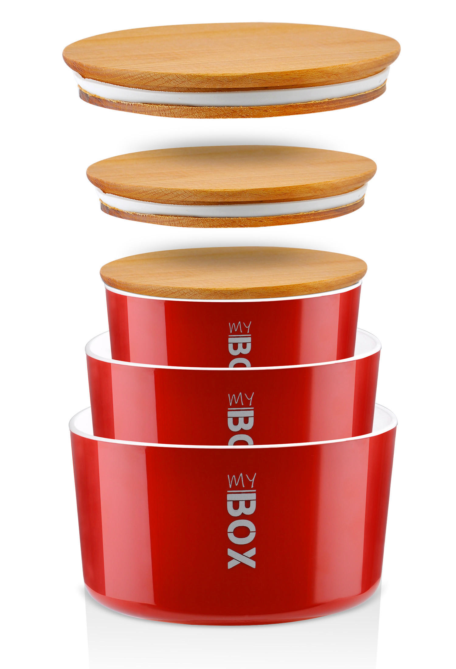 VORRATSDOSEN-SET rund mit Bambusdeckel 3teilig Rot - Rot, Kunststoff - Lashuma