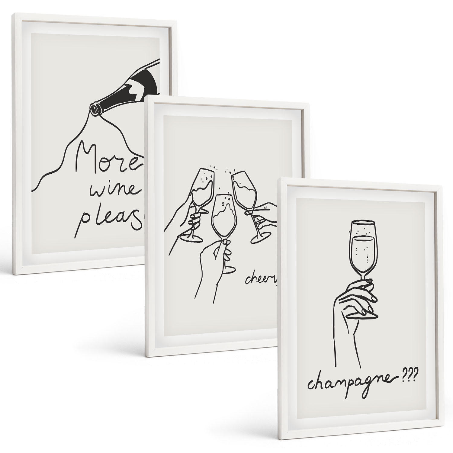 BILDER SET 3er Set - 40x60 cm Weißer Rahmen - Champagner-Wein-Linienzeichnung - Weiß, Kunststoff (40/60cm) - TULUP