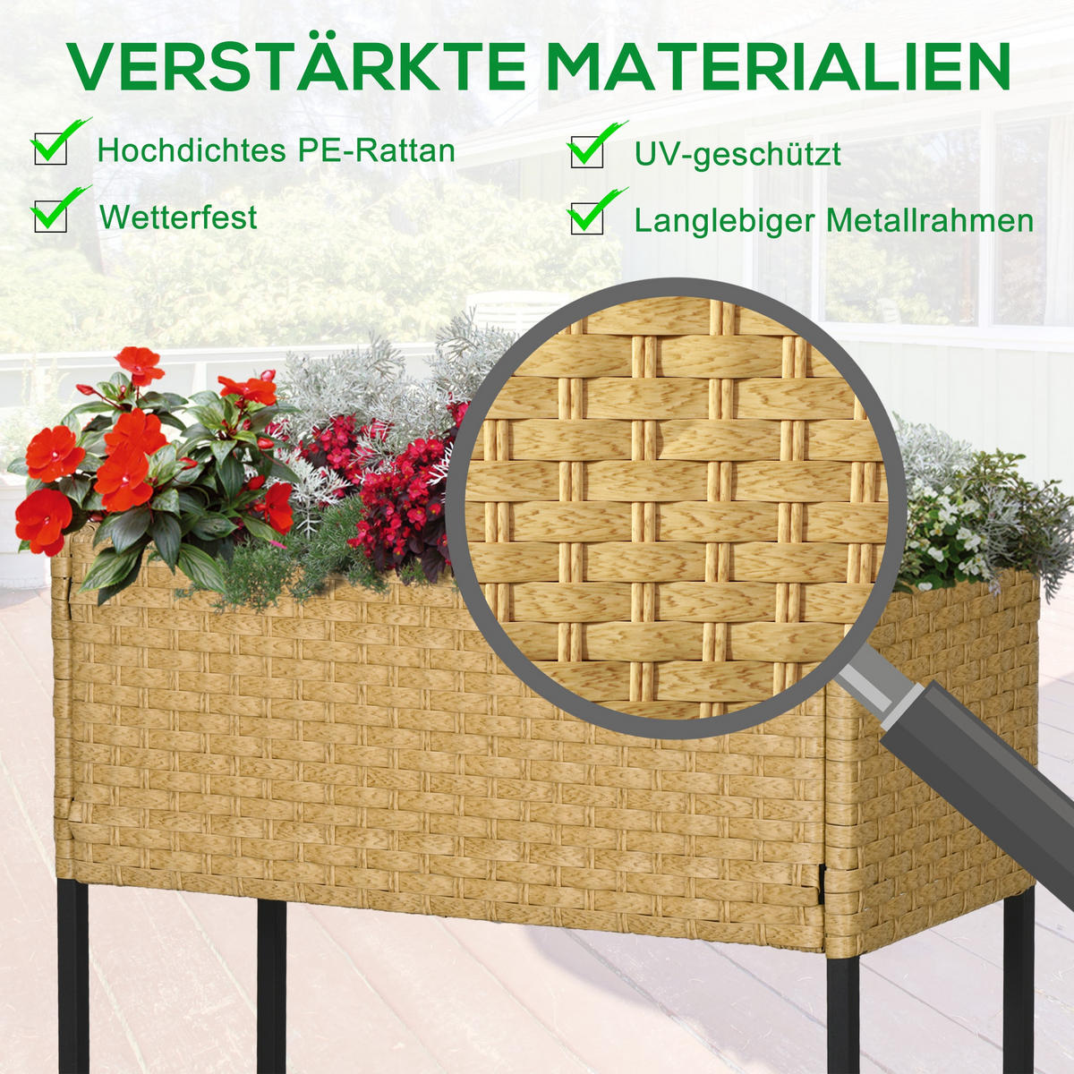POLY Rattan, Hochbeet, Blumenkasten - Sandfarben, Metall (30/70/70cm) - Outsunny
