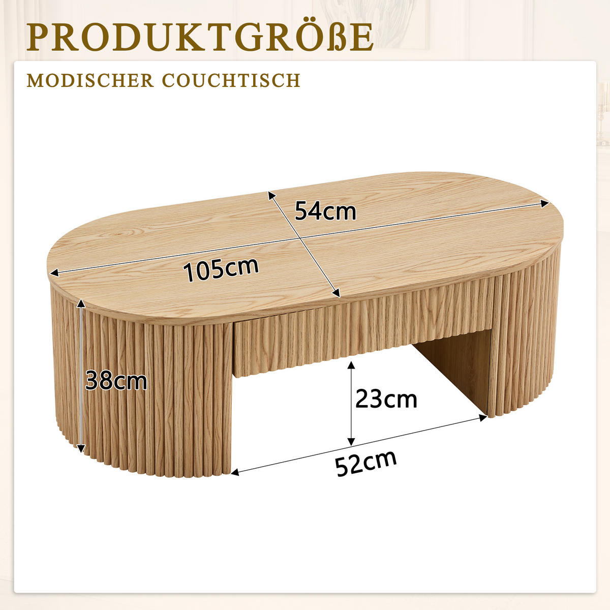 COUCHTISCH Oval Eichenoptik mit Schublade & Fluted Design - Naturfarben, Holzwerkstoff (54/105/38cm) - Urban Meuble