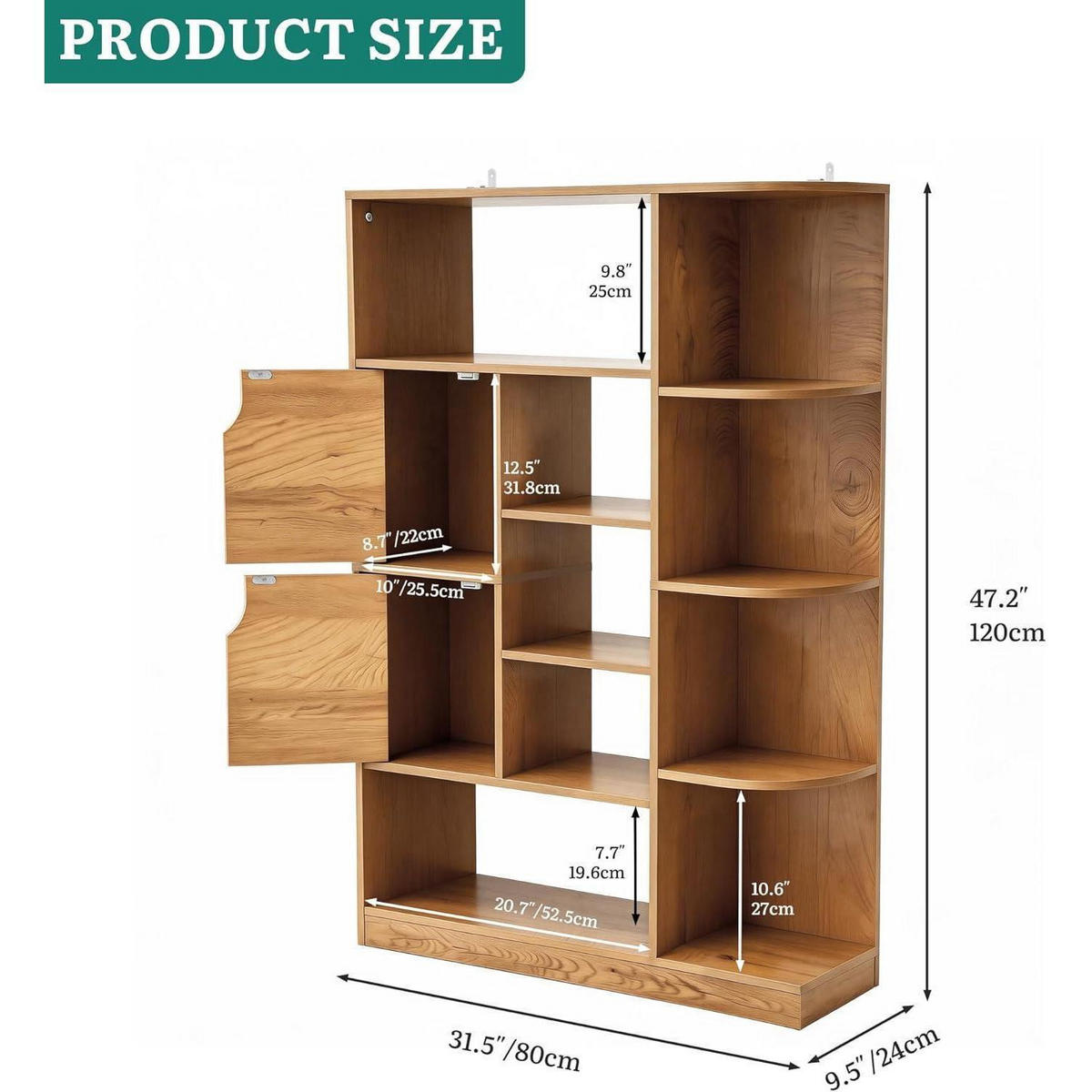 BÜCHERREGAL mit 9 offenen Regalböden und 2 Türen Eichenfarbe 80 x 24 x 120 cm - Braun, Holzwerkstoff (24/80/120cm)