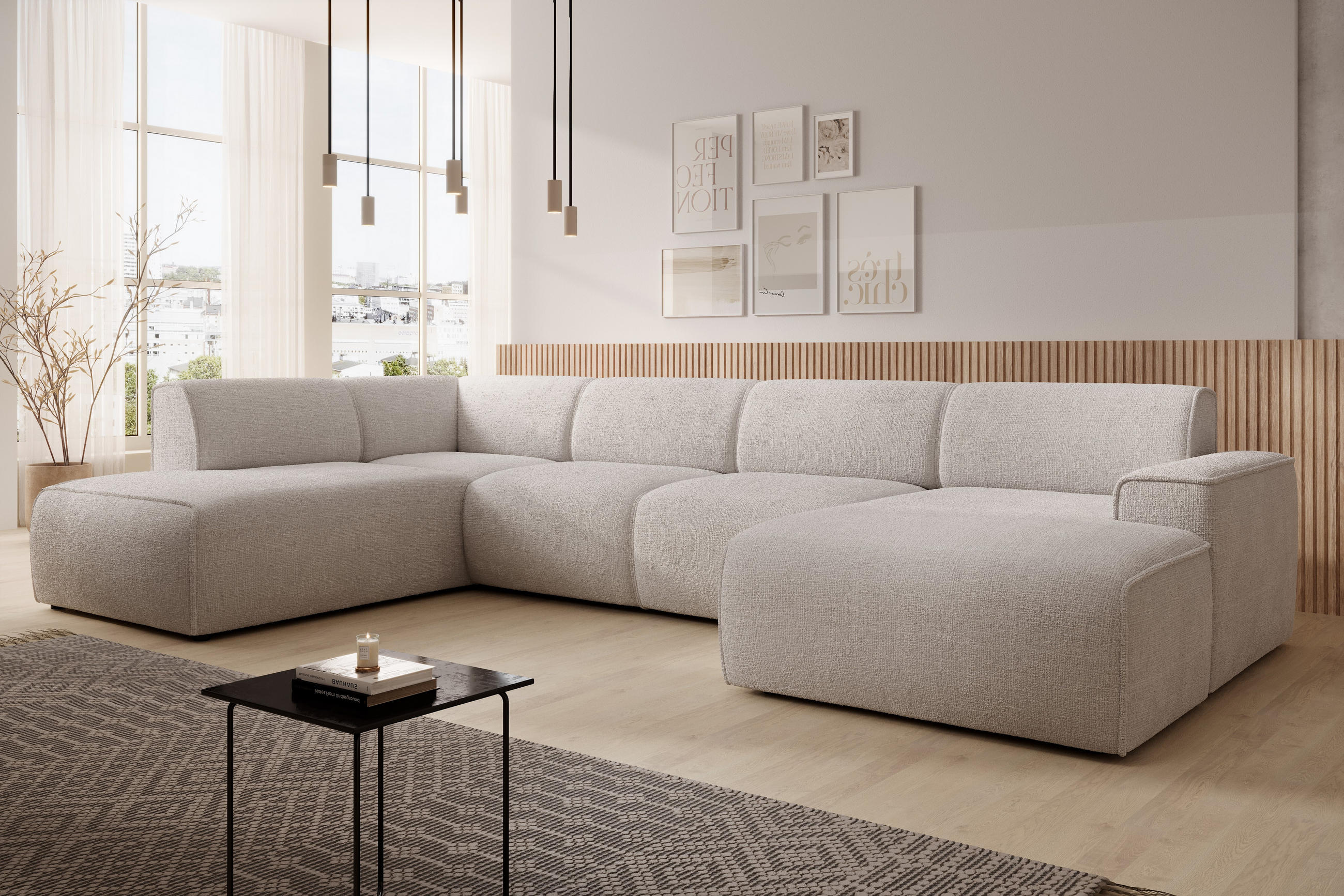 WOHNLANDSCHAFT Didim Creme 378/220/78 cm – großes Sofa stilvoll & bequem L - Creme/Schwarz, Kunststoff/Textil (220/78/378cm) - AX Living