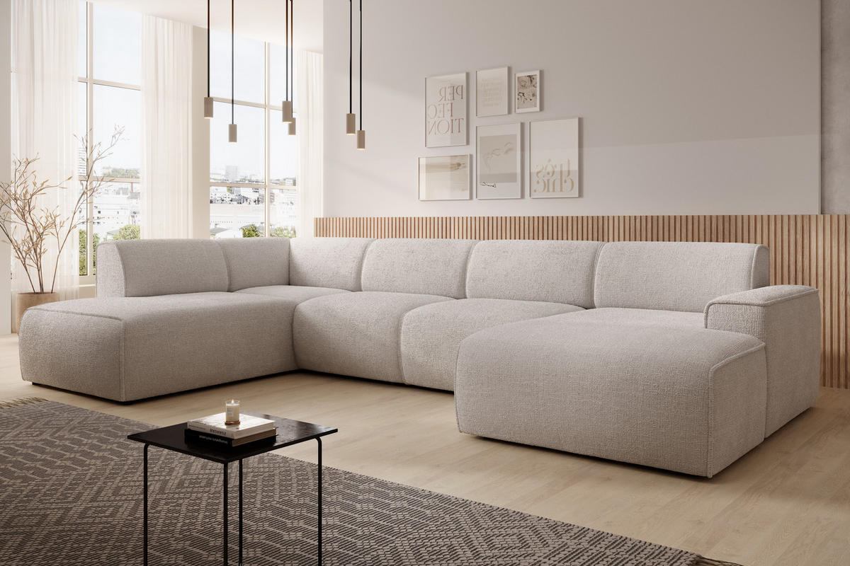 WOHNLANDSCHAFT Didim Creme 378/220/78 cm – großes Sofa stilvoll & bequem L - Creme/Schwarz, Kunststoff/Textil (220/78/378cm) - AX Living