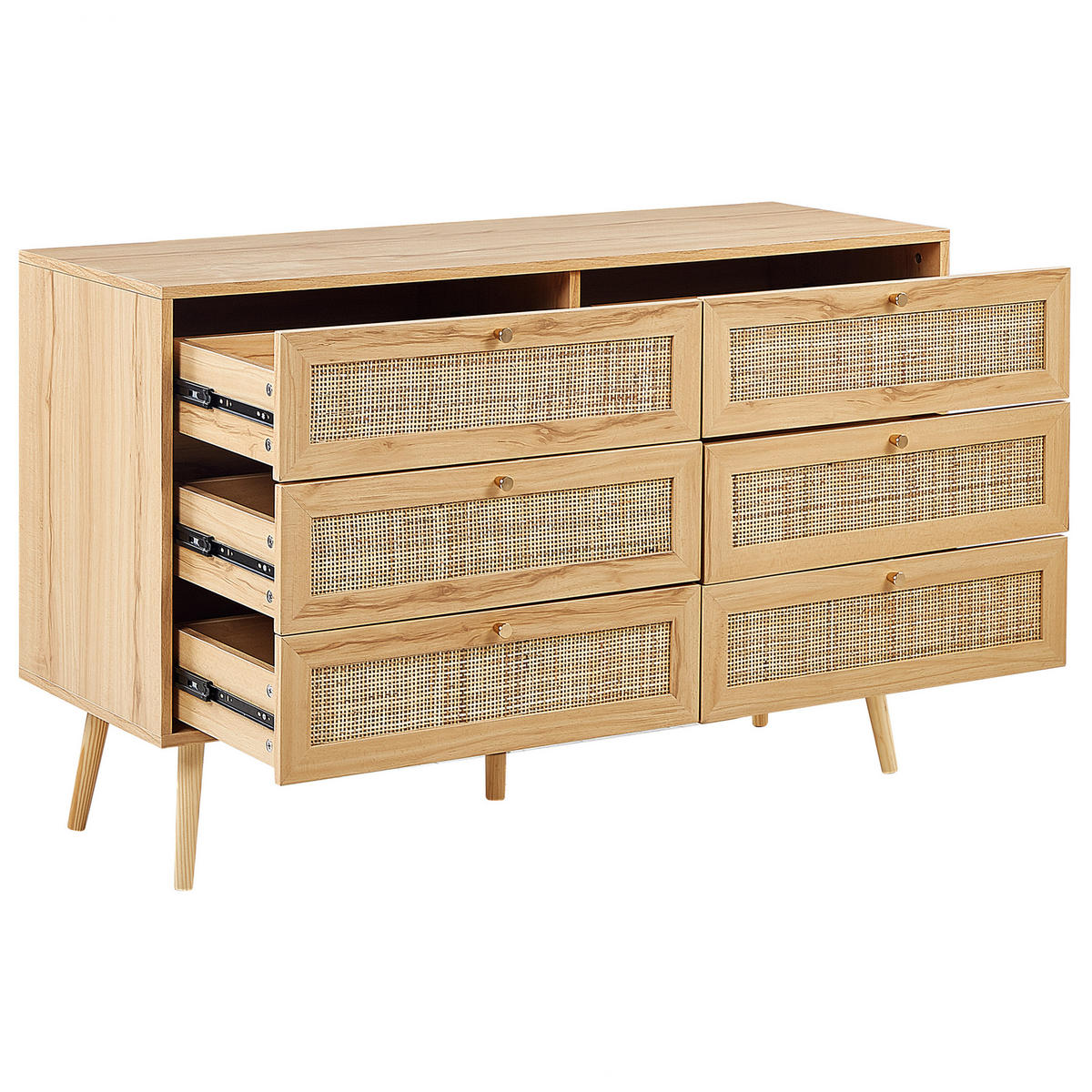 KOMMODE 6 Schubladen Rattan Helles Holz Perote - Hellbraun/Goldfarben, Naturmaterialien (120/75/42cm) - Beliani