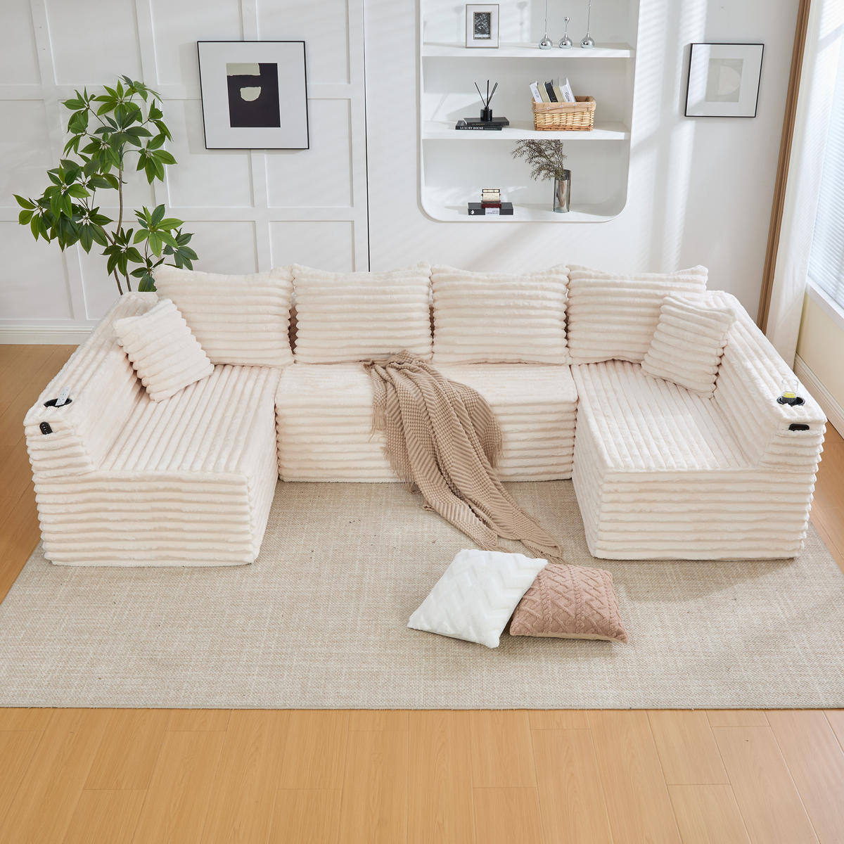WOHNLANDSCHAFT Beige 320/155/88 cm 6-Sitzer mit Getränkehaltern und Seitentaschen - Beige, Textil (320/88/155cm) - PANGIVO