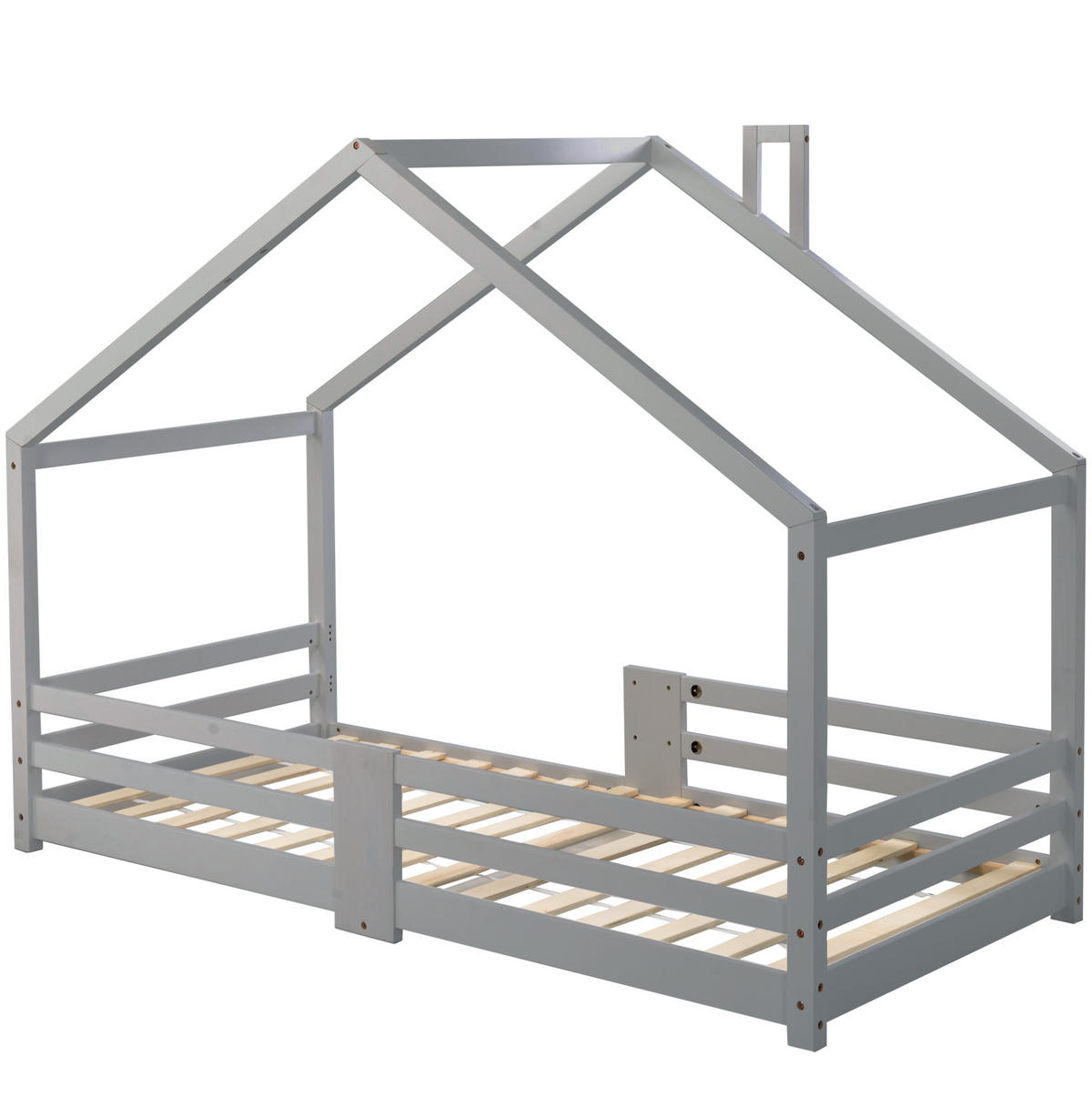 HAUSBETT 90/200 cm in Grau – mit Rausfallschutz und Lattenrost - Grau, Holz (90/200cm) - BEAOK