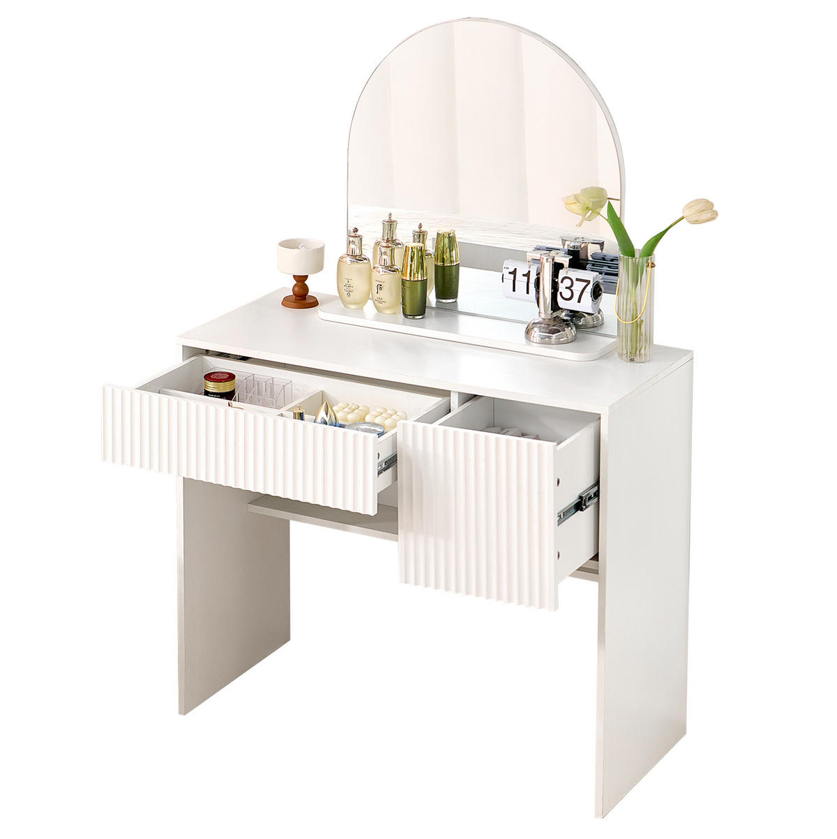 SCHMINKTISCH 90/40/135 cm mit Spiegel, 2 Schubladen und Ablage aus MDF, Weiß - Weiß, Holzwerkstoff (90/135/40cm) - Redom
