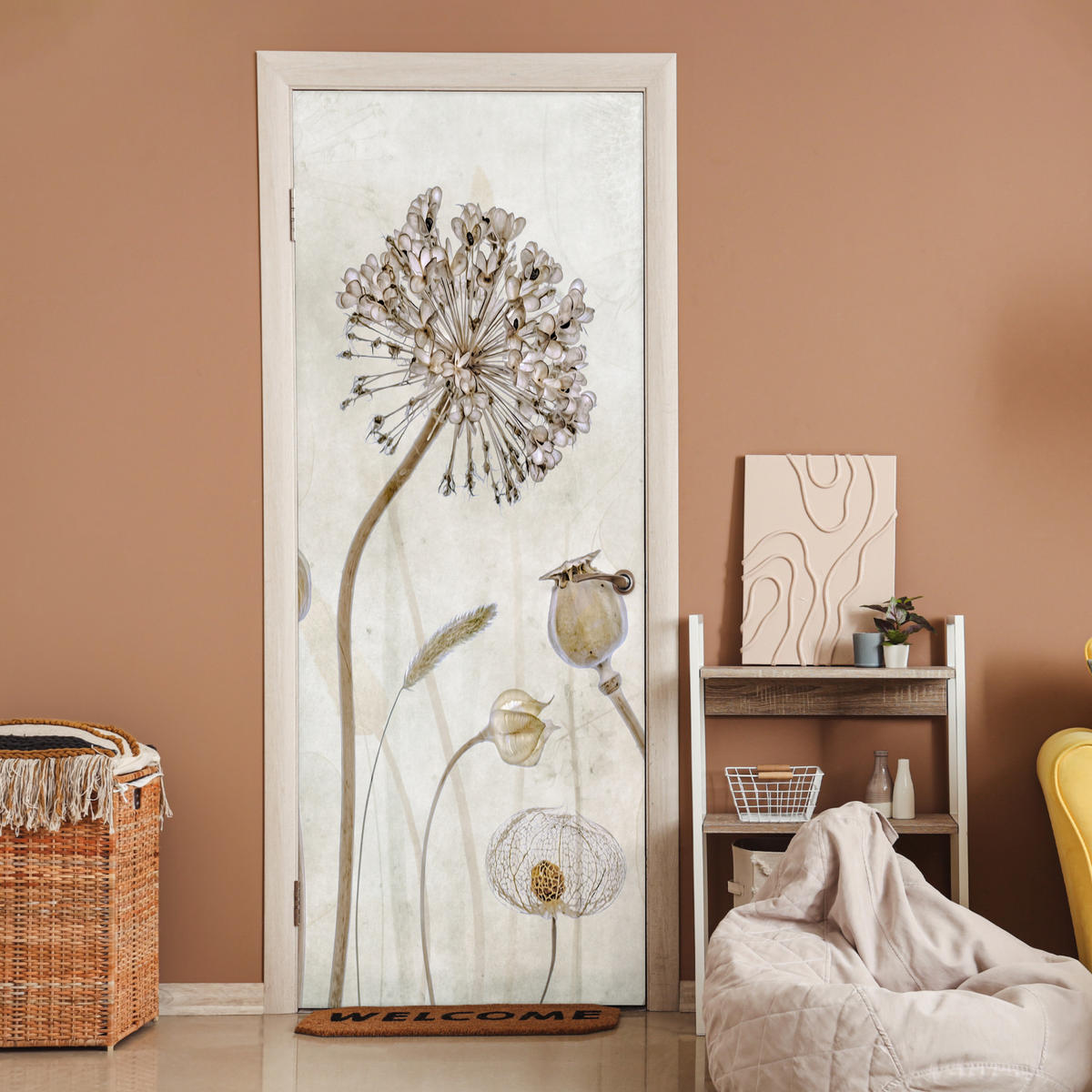 FOTOTAPETE Tür - Blumen - Aquarell - Stilleben - Braun - Vintage 95x235 cm - Ecru, Kunststoff (95/0.1cm) - MuchoWow