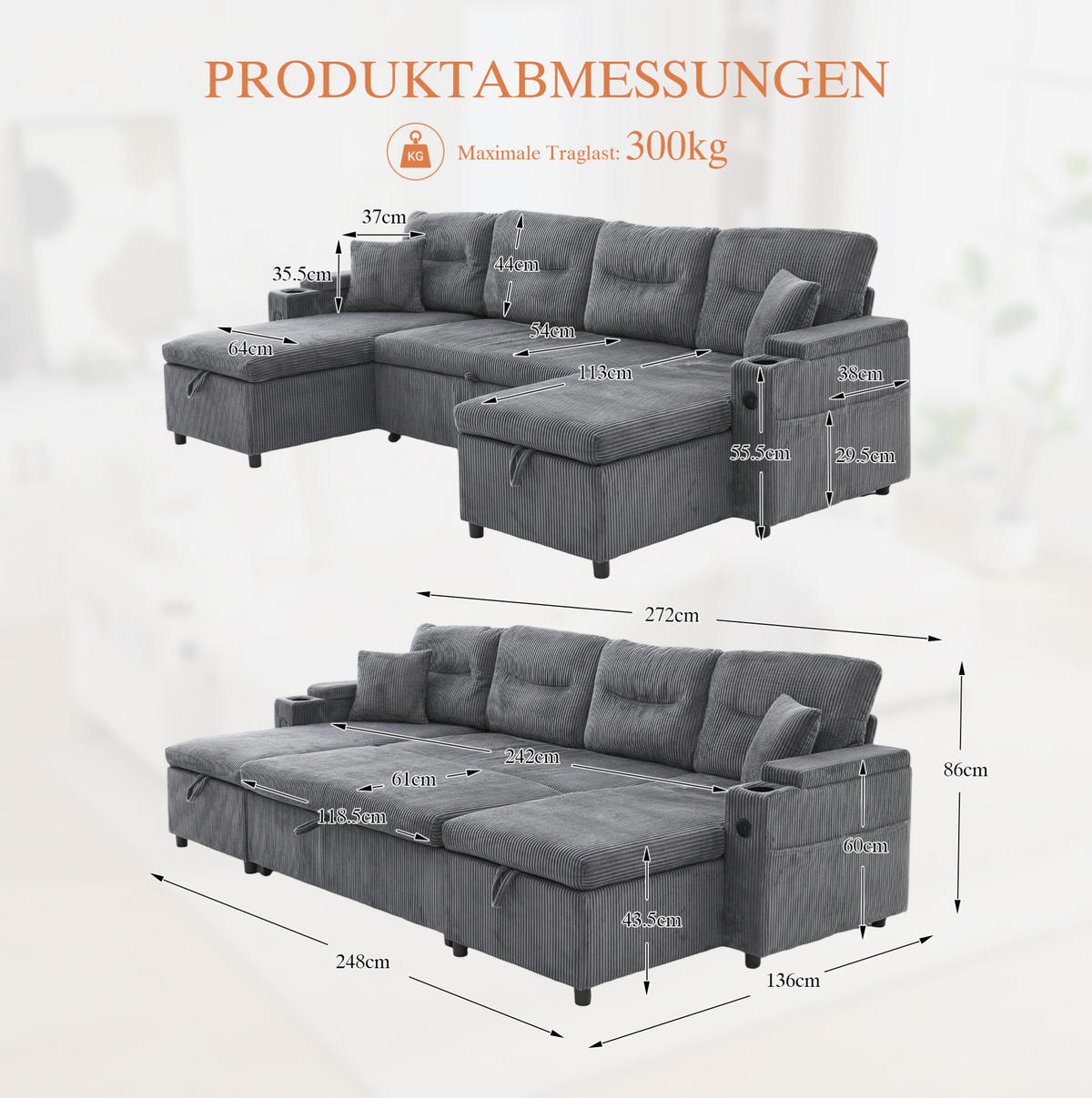4-SITZER Wohnlandschaft Cord mit 2 Chaiselongues Stauraum und USB-Anschluss 272/136/86 cm Anthrazit - Anthrazit, Textil (136/86/272cm) - Redom