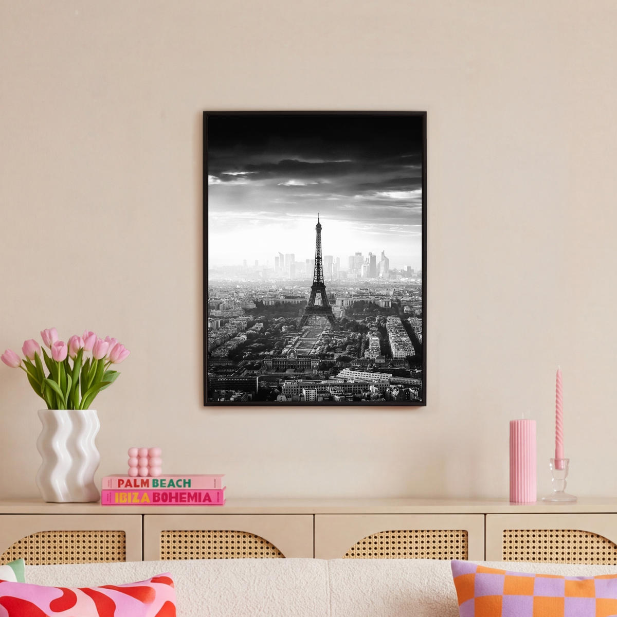 LEINWAND Bilder mit Rahmen - Paris - Skyline - Eiffelturm - Stadt - Wolken - 50x70 - Dunkelgrau, Textil (50/70cm) - MuchoWow