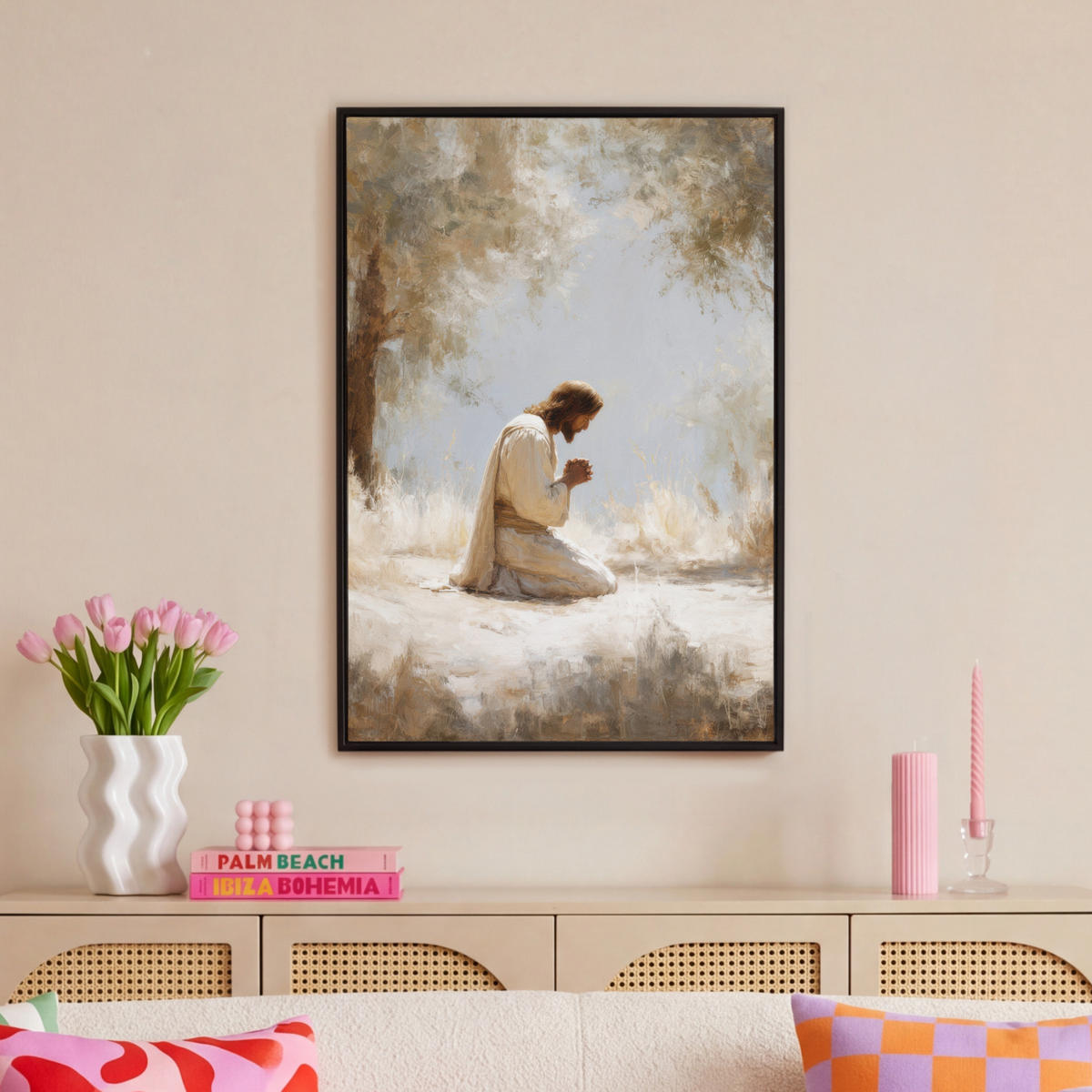 LEINWAND Bilder mit Rahmen - Jesus - Kniend - Waldlandschaft - Betend - 60x90 - Beige, Textil (60/90cm) - MuchoWow