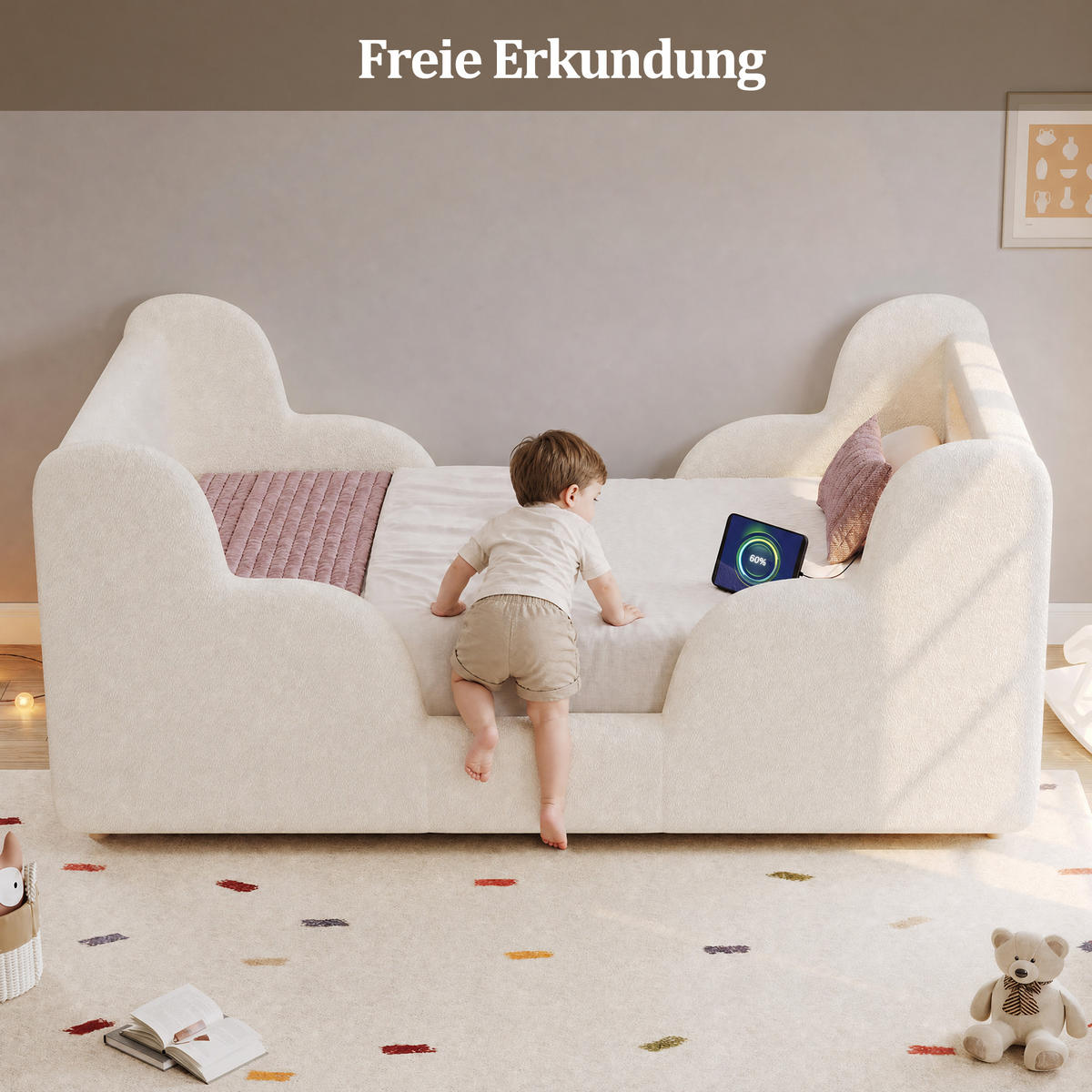 KINDERBETT Beige Bouclé 90x200 Schutzgeländer Massivholz - Beige, Leder (90/200cm) - FLIEKS