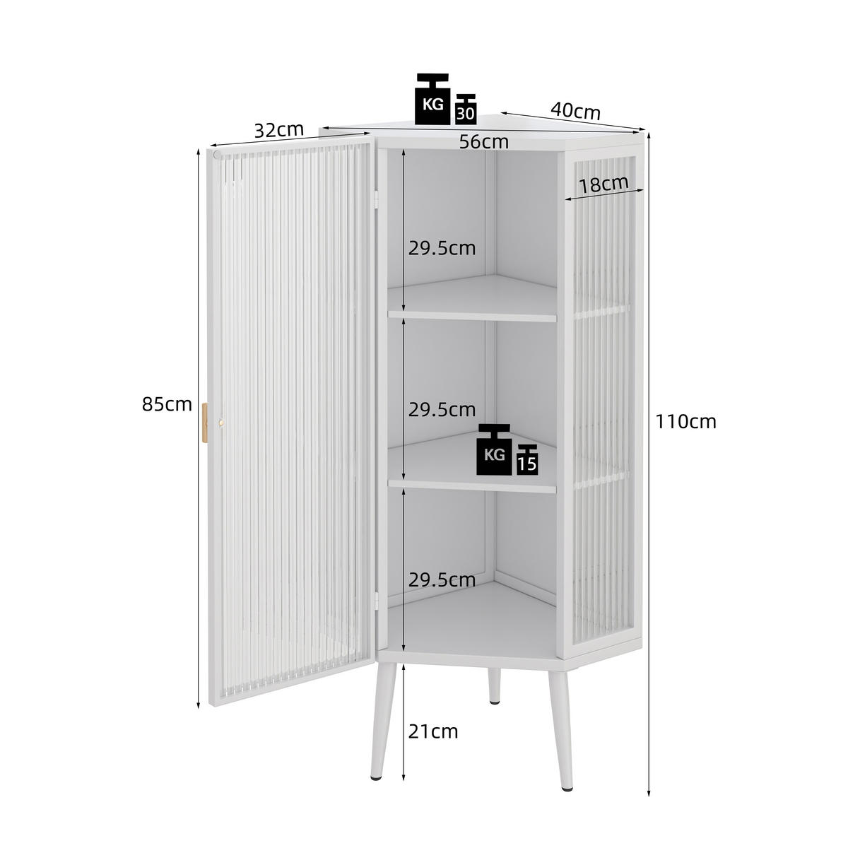 BAD-ECKSCHRANK Weiß, Glastür & 3 Ablagen, 56 x 42,5 x 110 cm - Weiß, Metall (56/110/42.5cm) - Urban Meuble
