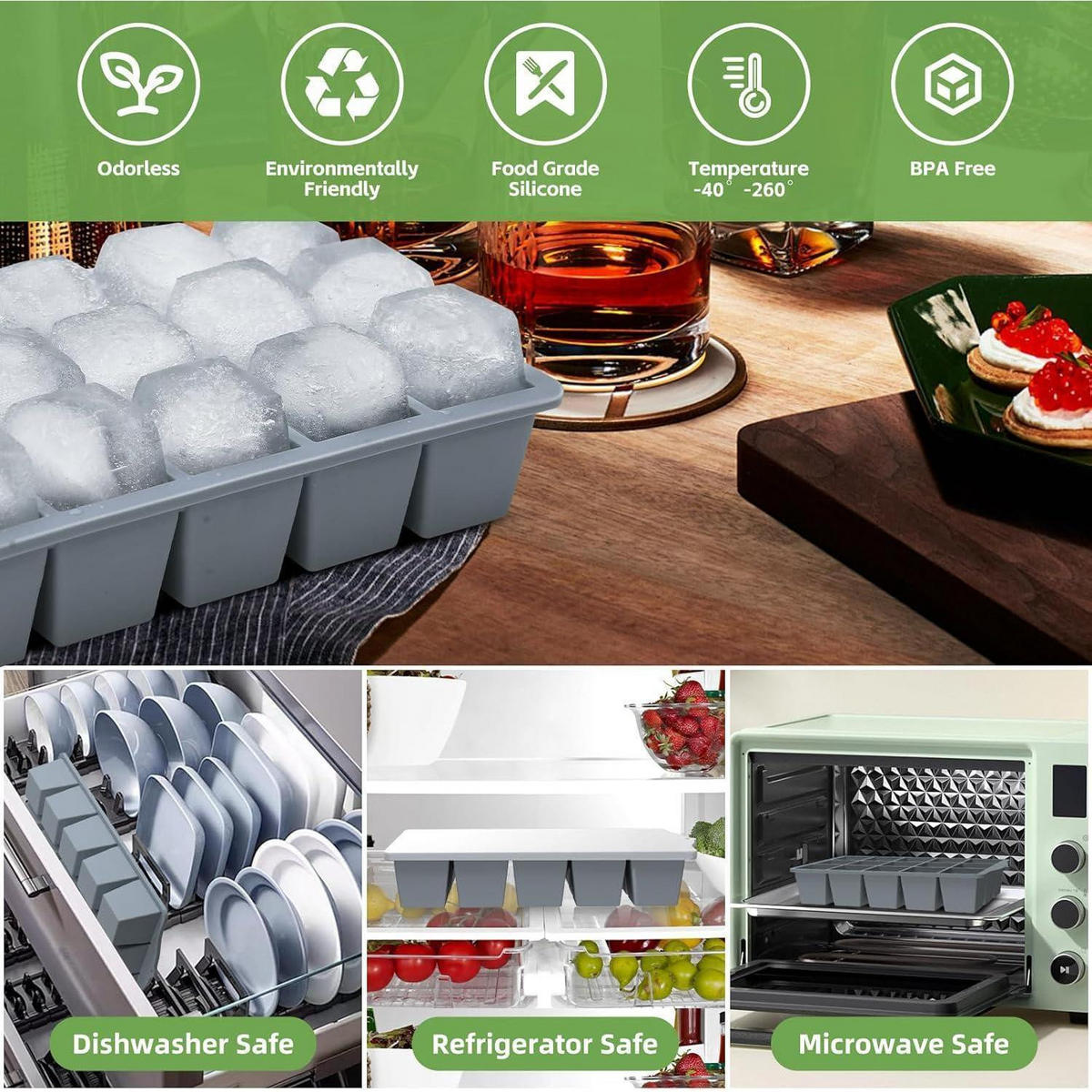 EISWÜRFELFORM Silikon 4 Stück Set Grau - Grau, Kunststoff (11/3.5/19cm)