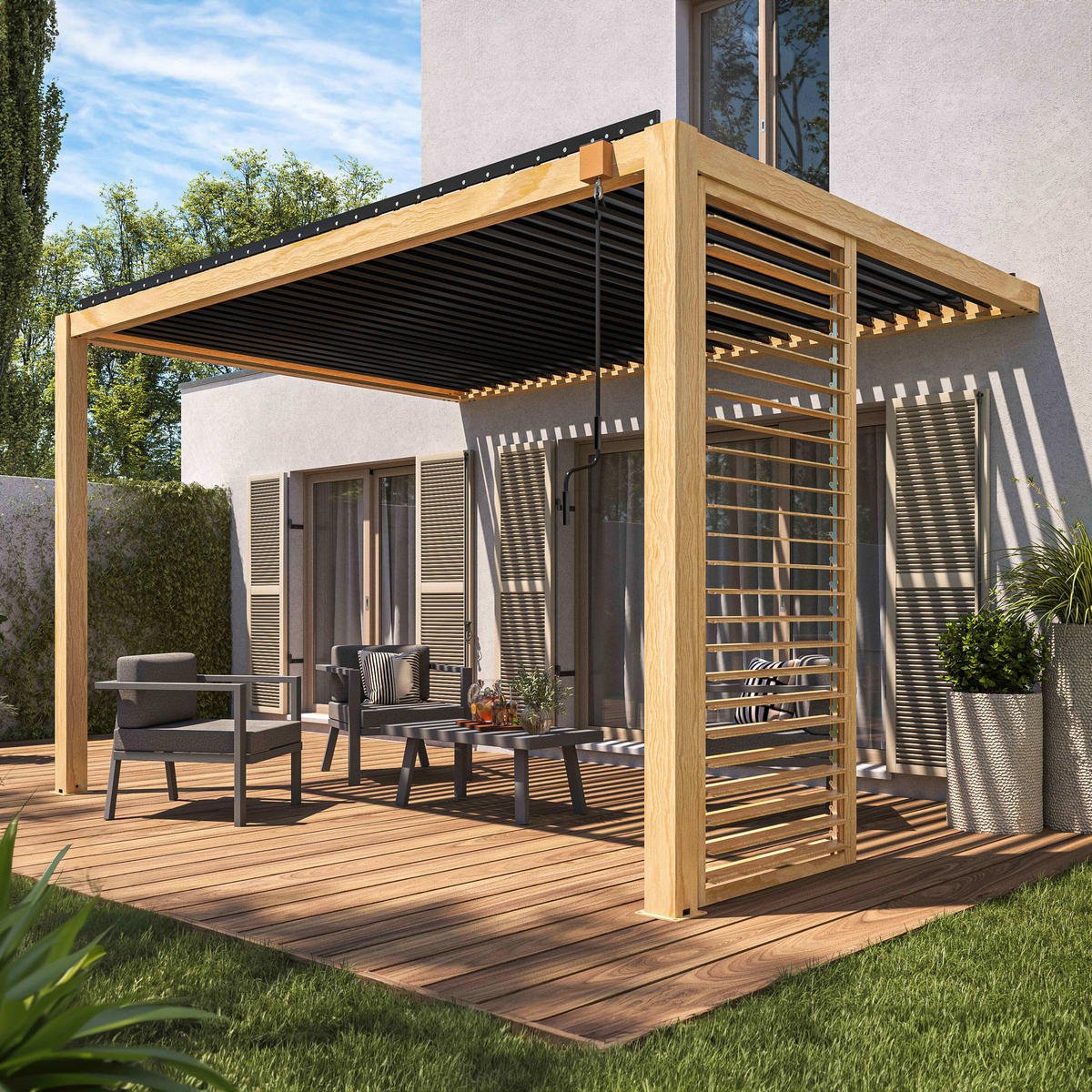 PERGOLA bioklimatisch mit 1 Trennwand, Holzfarbe und Grau - Eichefarben, Metall (304/258/404cm) - Oviala