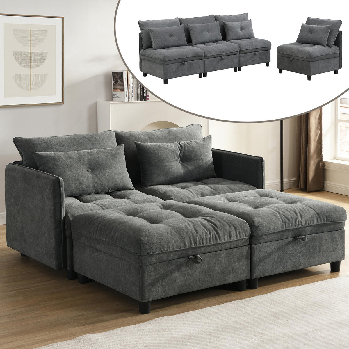 SOFA Chenille mit Stauraum und Schlaffunktion Antik Grau 274/76/87 cm - Alteiche, Textil (274/87/76cm) - Redom