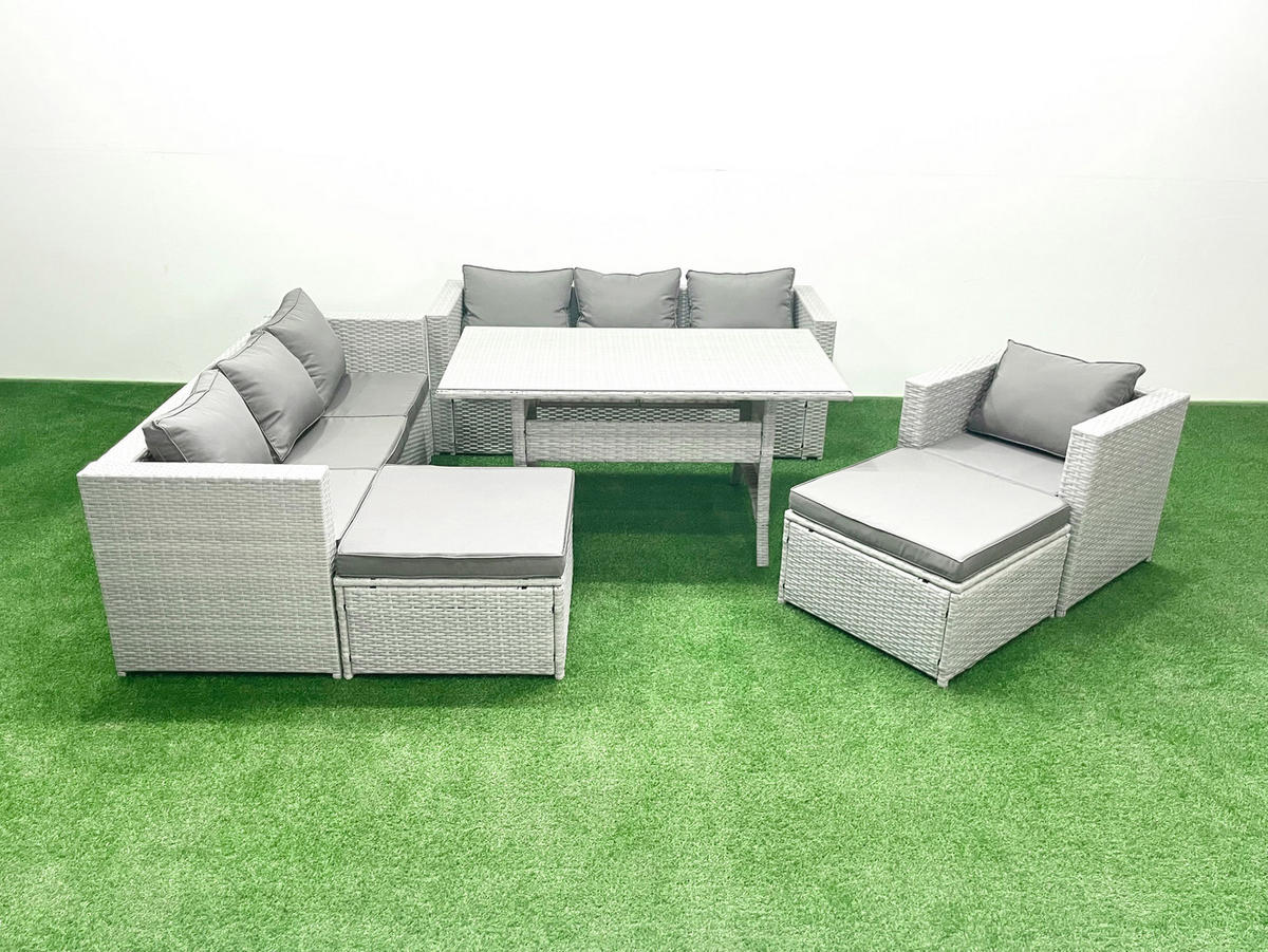 GARTENMÖBEL SET mit 3-Sitzer-Sofa und Sessel, Esstisch,2 Großer Hockern Polyrattan Hellgrau 9-Sitzer - Hellgrau/Grau, Glas/Kunststoff - Fimous