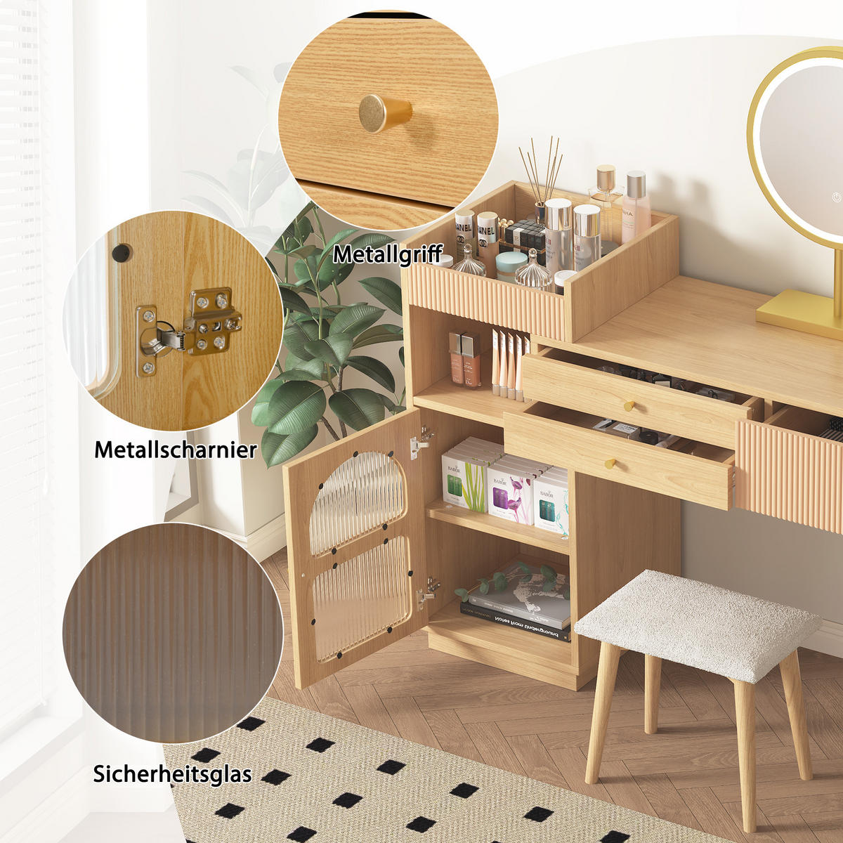 SCHMINKTISCH in Naturfarben Frisiertisch mit LED-Spiegel & 3-Farb-Beleuchtung Kosmetiktisch aus Holz B120/T40/H90cm - Naturfarben, Holzwerkstoff/Metall (120/90/40cm) - STILVORA