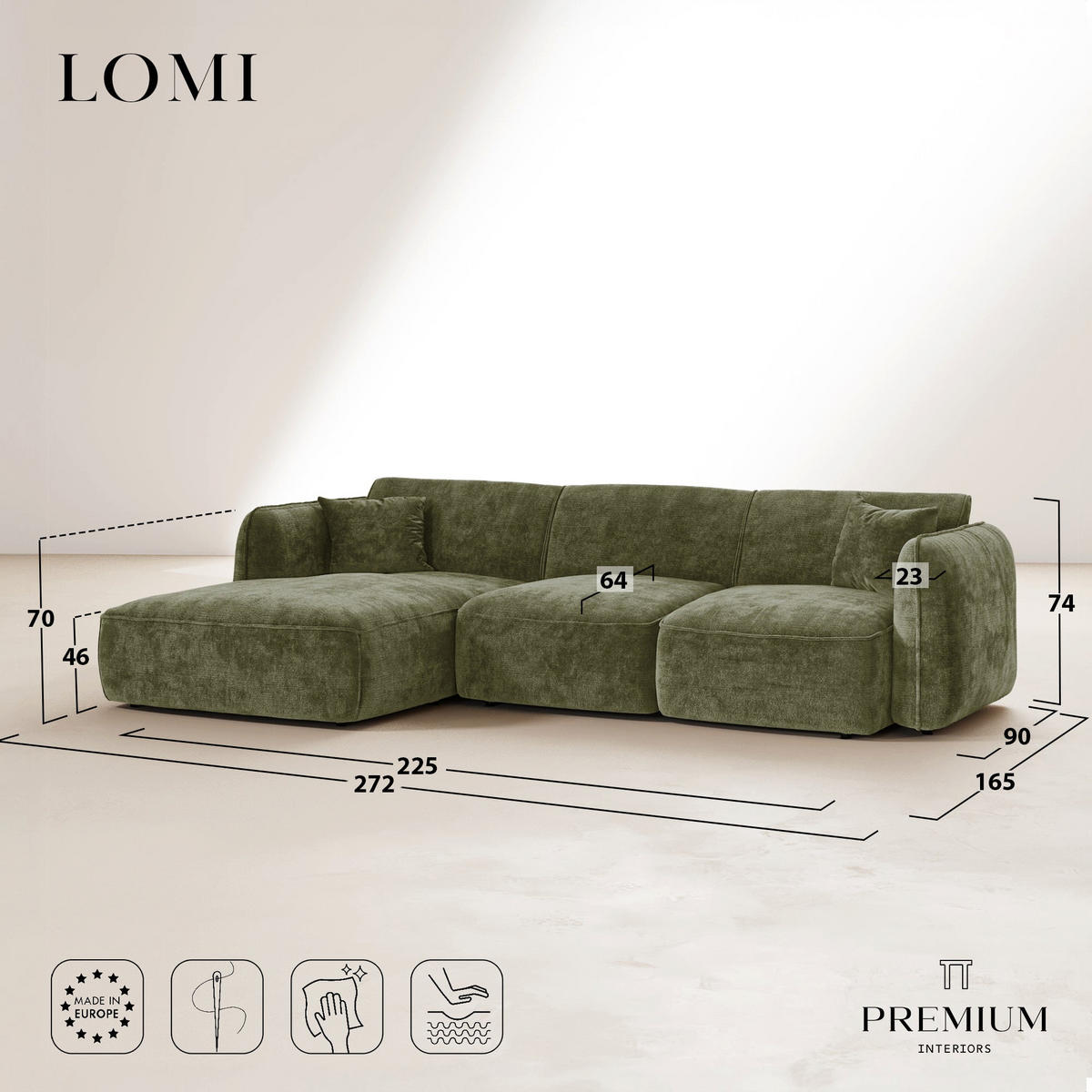 ECKSOFA (links) LOMI Geprägter Samt Vintage-Grün 272cm - Dunkelgrün/Grün, Textil (272/90cm) - Premium Interiors