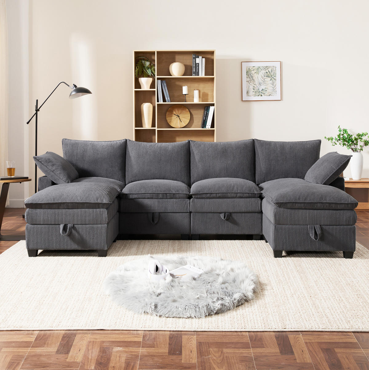 SOFA Modulares L-förmiges mit Fußhockern und USB-Anschlüssen Cord Grau 280/151/82 cm - Grau, Textil (280/151cm) - OKWISH