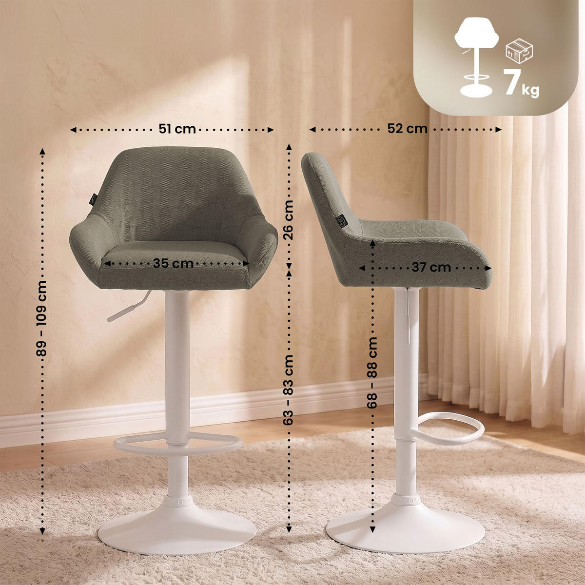 BARHOCKER 2 Stoff Taupe - Taupe/Weiß, Textil/Metall (51/89/52cm) - CLP