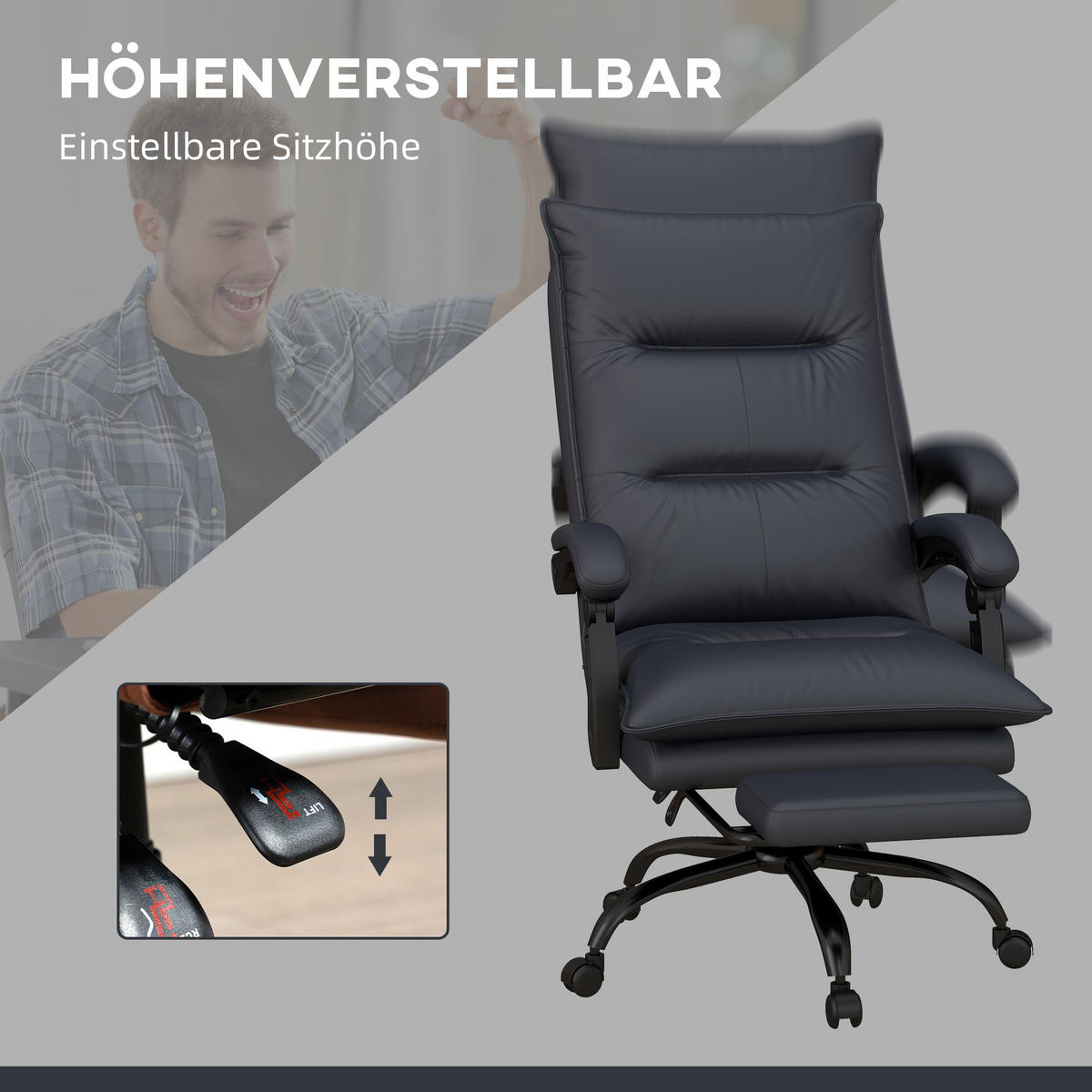 MASSAGE-BÜROSTUHL, Polyester, Schaumstoff, MDF, Stahl, Dunkelgrau - Dunkelgrau, Kunststoff (74/121.5/66cm) - Vinsetto