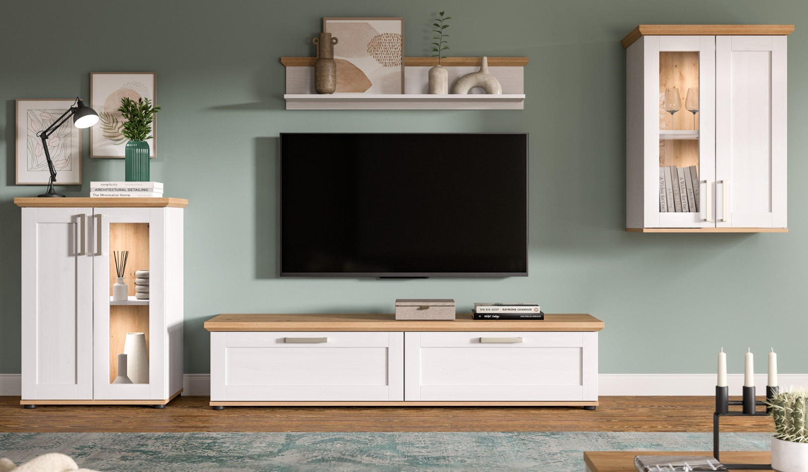 WOHNWAND 4-teilig weiß Lärche, Eiche Artisan 316 cm Landhaus, Schrankwand mit viel Stauraum - Silberfarben/Schwarz, Holzwerkstoff/Kunststoff (316/171/40cm) - Inn.Furn