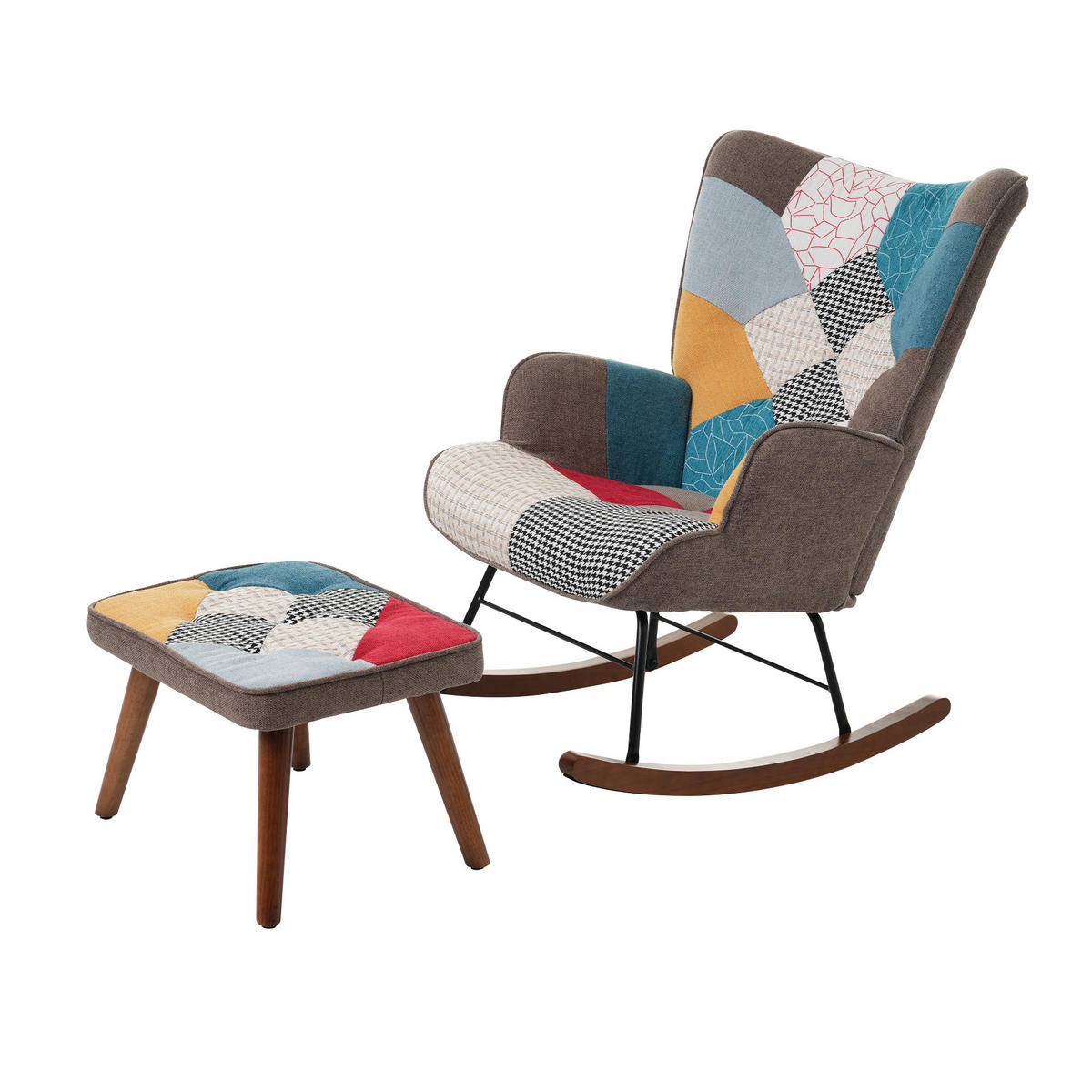 SCHAUKELSTUHL Patchwork-Design mit Fußhocker, DE-42120, Bunt - Multicolor, Holz (69.5/88.5/50cm) - ComfortXL