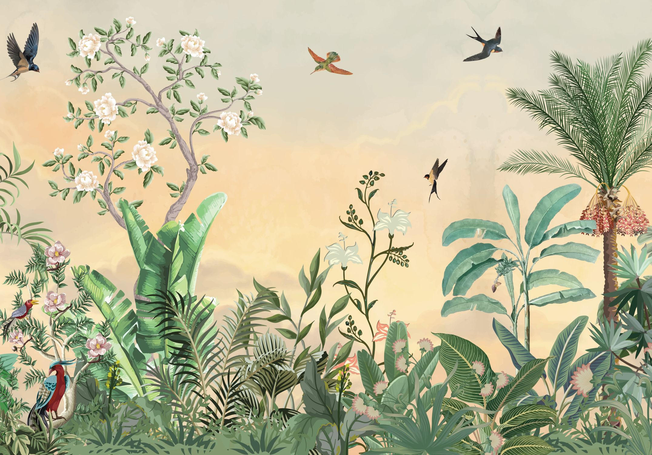 FOTOTAPETE tropische Dschungelblätter und Paradiesvögel 400 x 279 cm - Grün, Papier (400/279cm) - ESTAhome