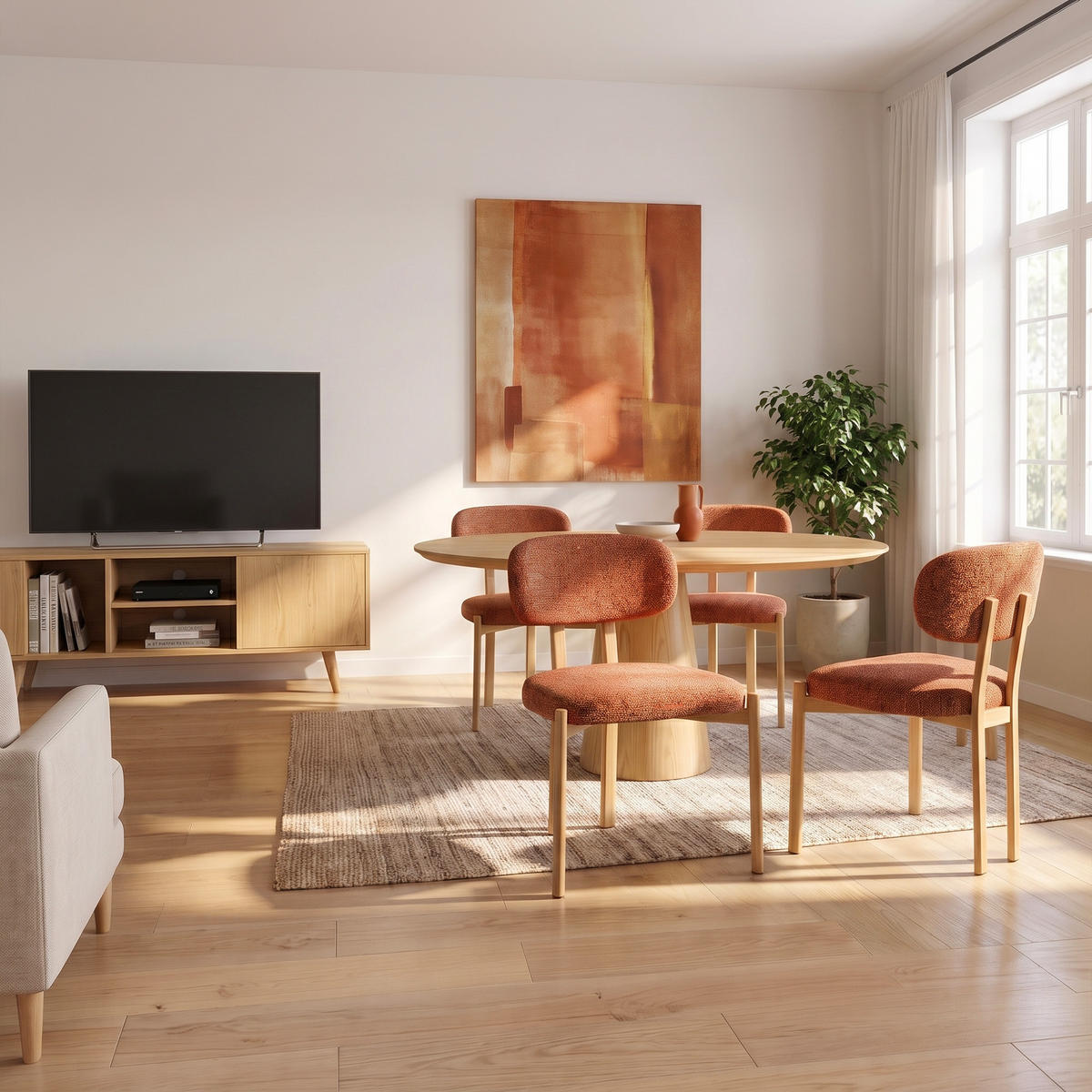 STÜHLE 4er-Set gepolstert skandinavisch mit beigefarbenem Chenille-Bezug und Beinen aus Metall in Eichenoptik – MIA - Beige/Schwarz, Textil/Metall (46.5/82/47.5cm) - Sicaan