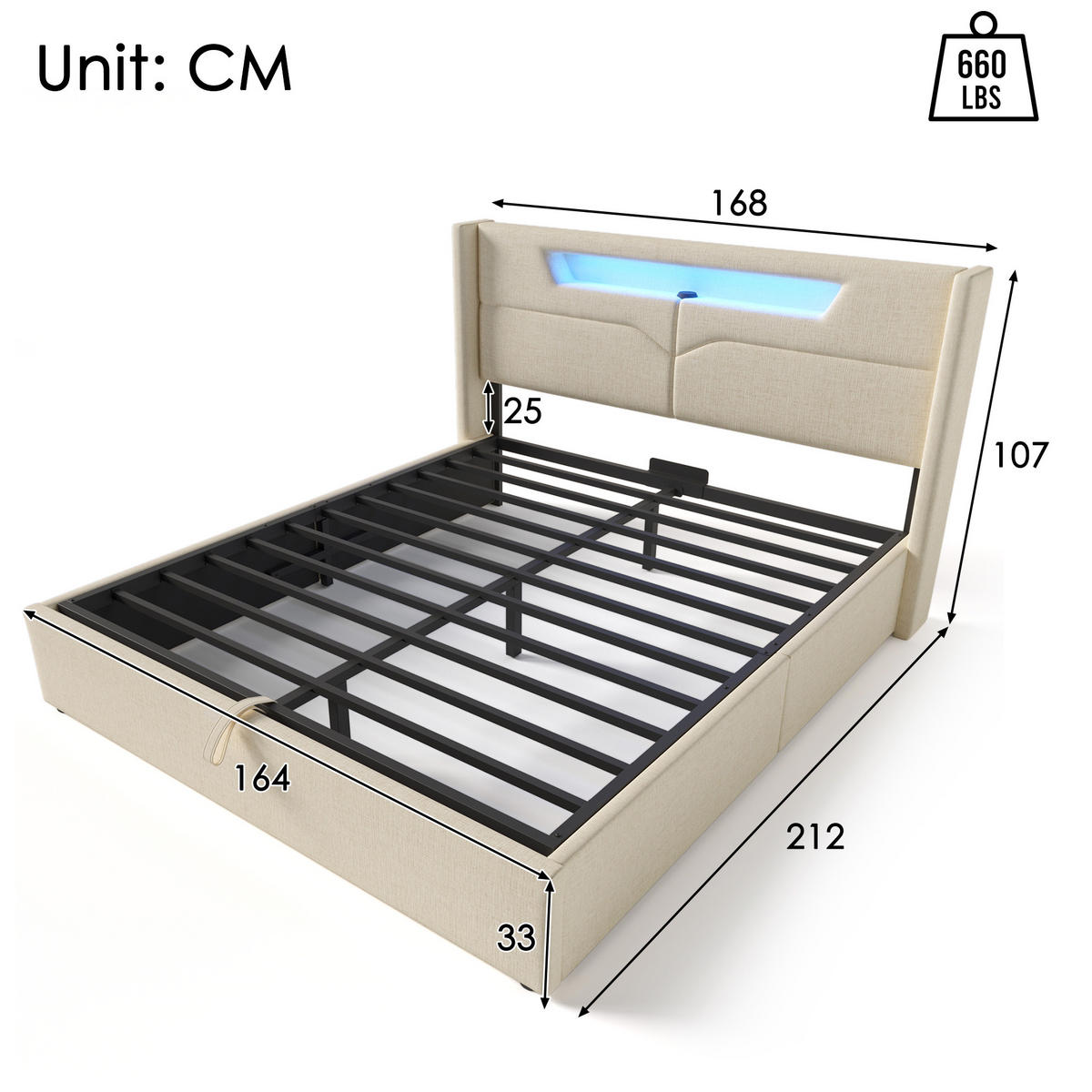 POLSTERBETT mit LED, USB und Stauraum 160x200 cm Leinen Beige - Beige, Metall (160/200cm) - Meubliv