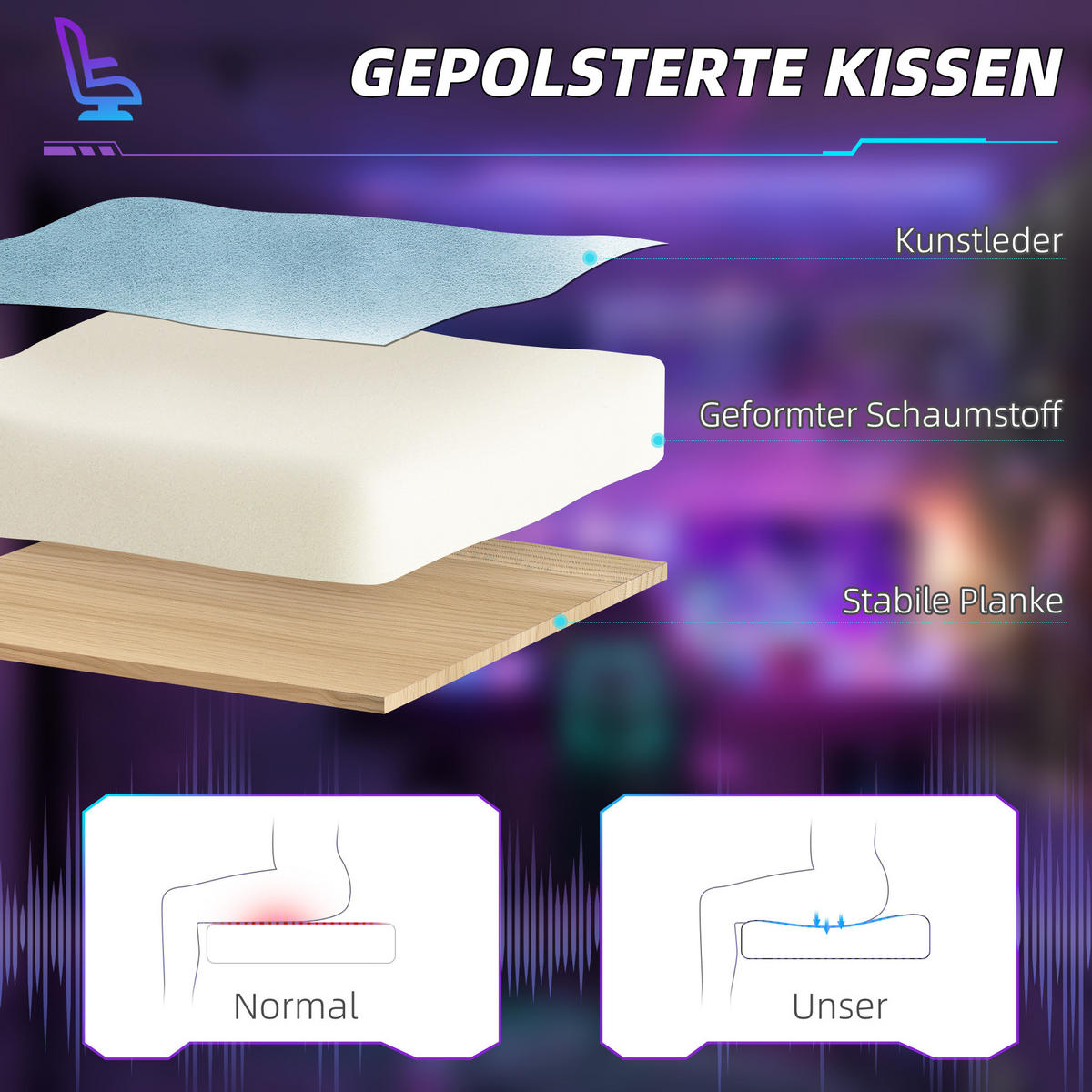 GAMINGSTUHL mit Liegefunktion, höhenverstellbar Schreibtischstuhl bis 120 kg - Blau, Kunststoff (73/129/74cm) - HOMCOM