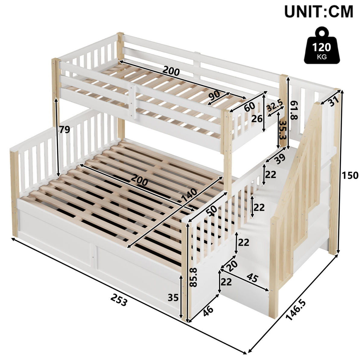 ETAGENBETT 90/200 + 140/200 cm in Weiß/Natur mit Stauraum und hydraulischem Bettkasten - Weiß, Holz (90/200cm) - OKMYHOME